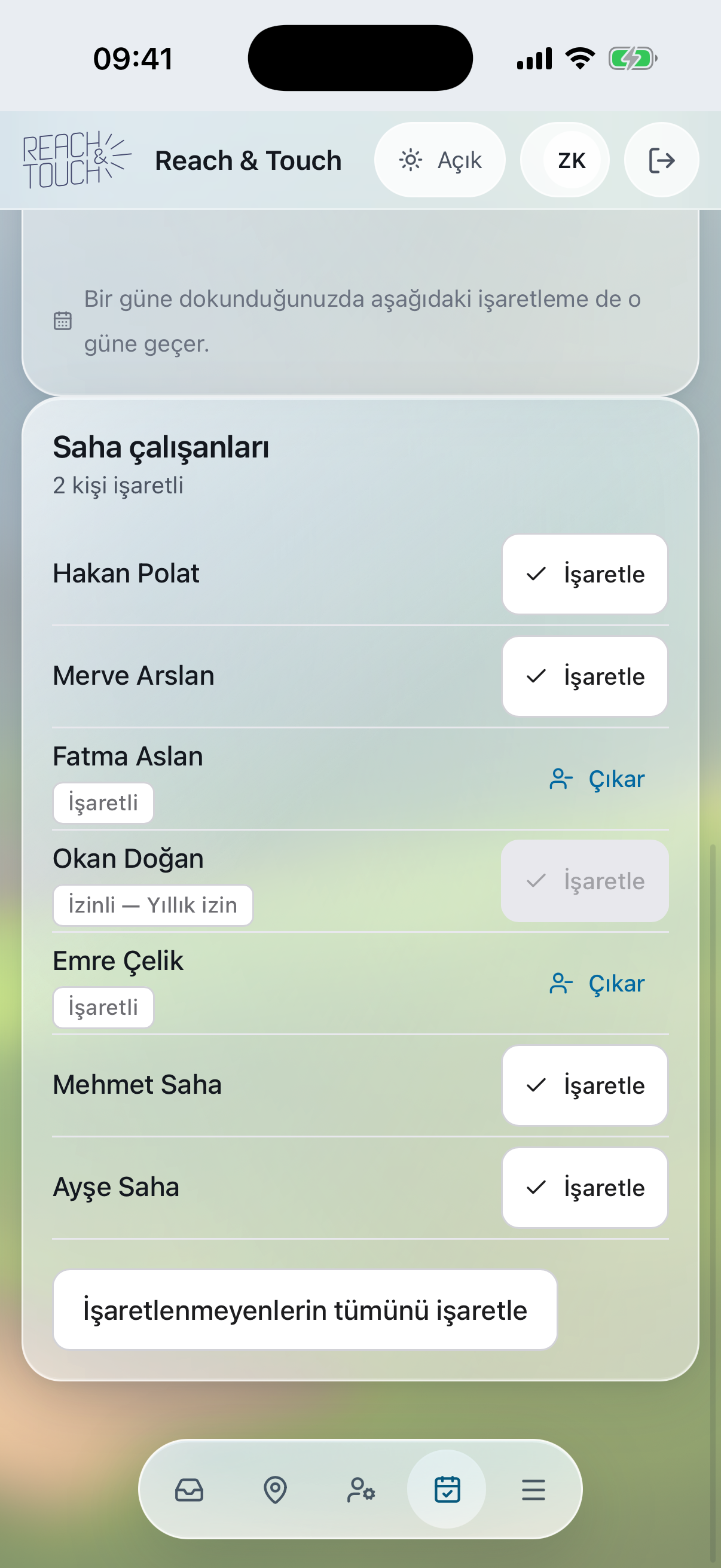 Günün çalışanları ve izin durumları — D2D