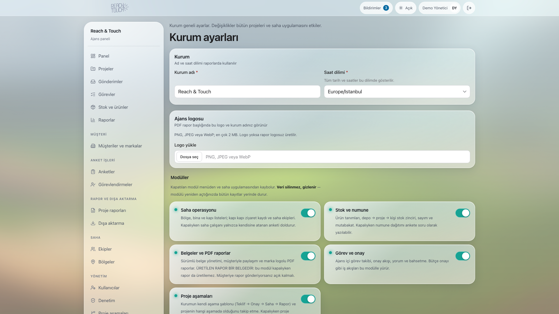 Kurum ve saha ayarları — D2D