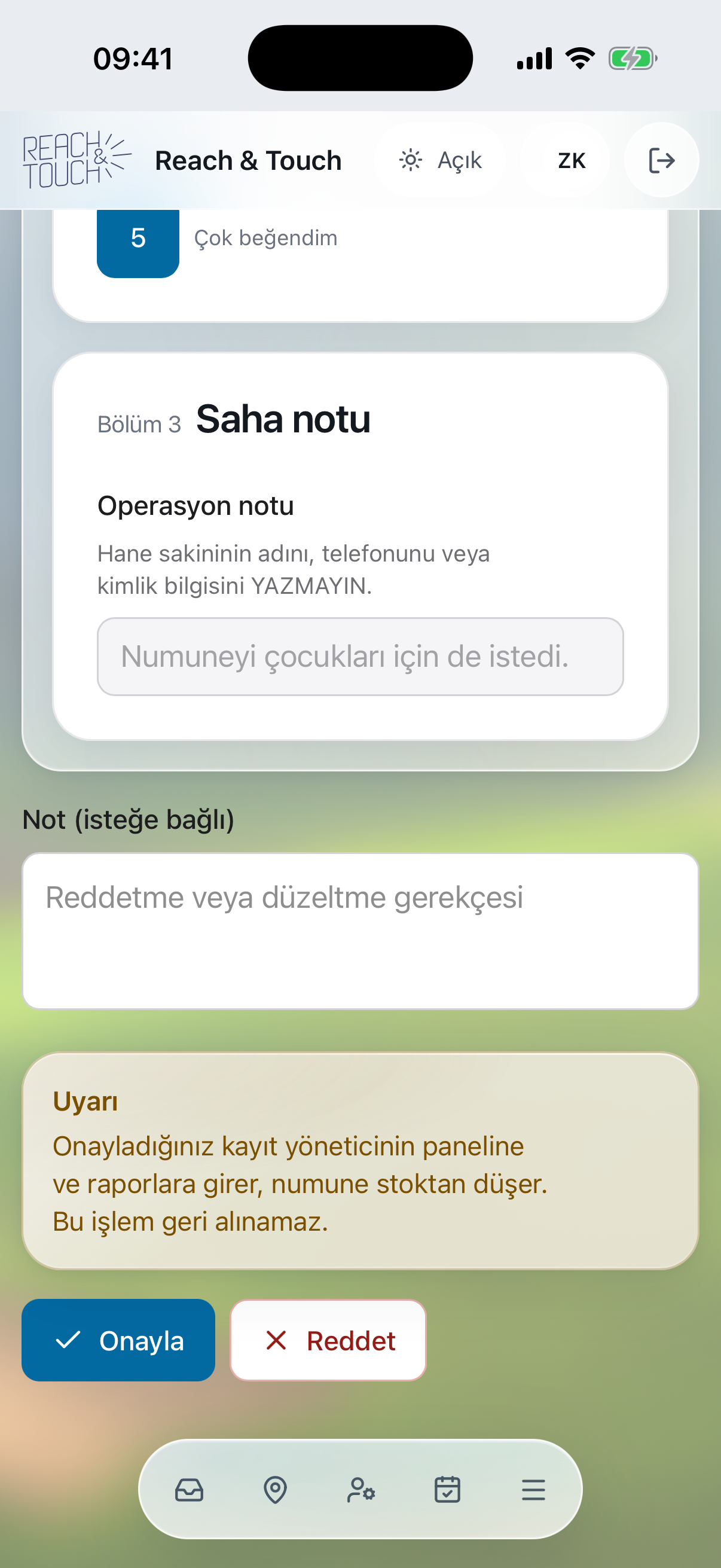 Saha notu ve onay adımı — D2D