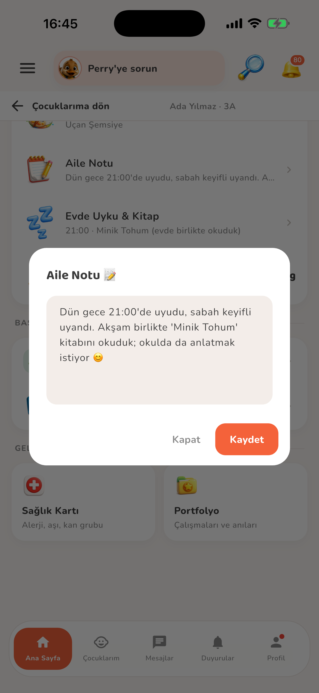 Aile notu ve evde takip — Kiduca uygulaması