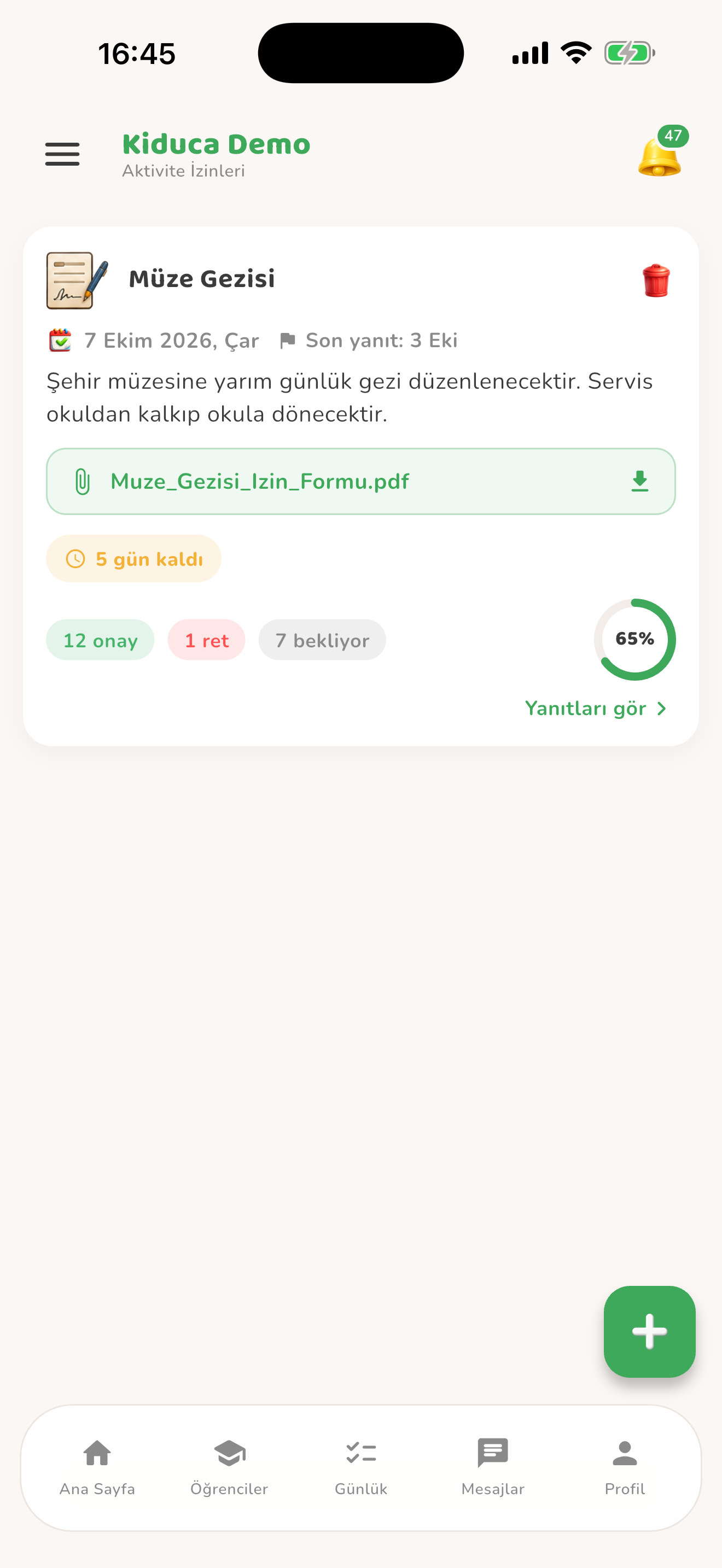 Etkinlik izni ve onay durumu — Kiduca uygulaması