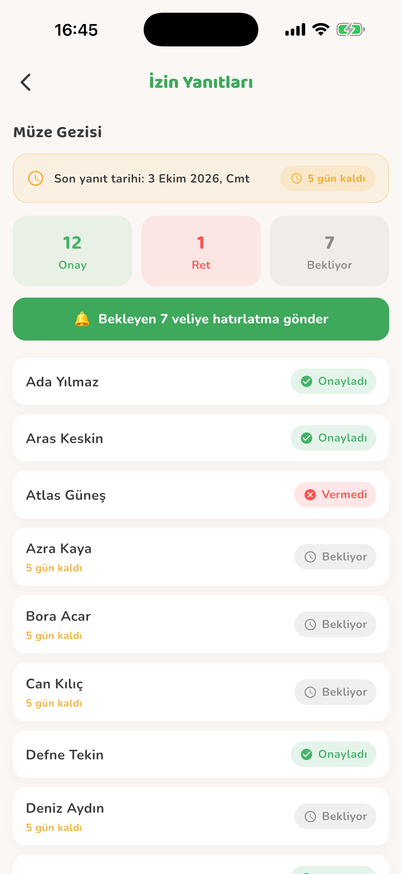 Yanıtlar ve bekleyenlere hatırlatma — Kiduca uygulaması
