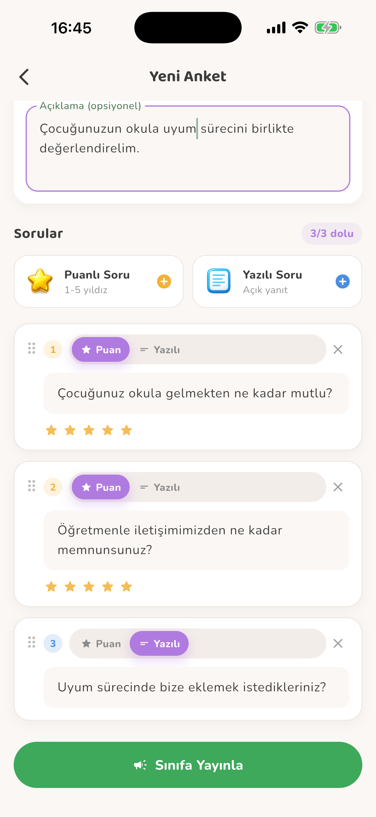 Puanlı ve yazılı sorular — Kiduca uygulaması