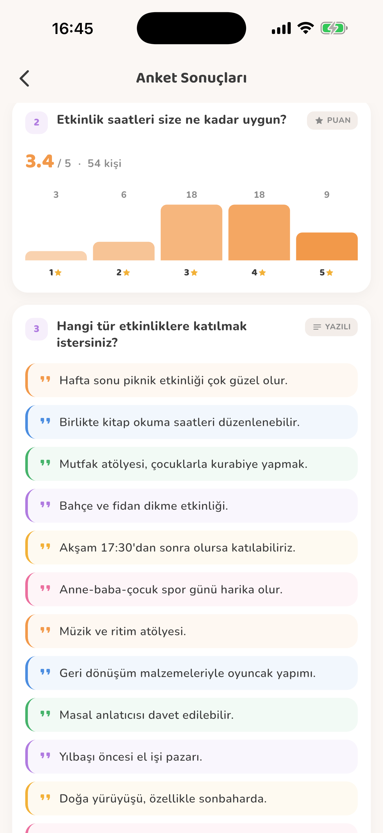 Puan dağılımı ve yazılı yanıtlar — Kiduca uygulaması