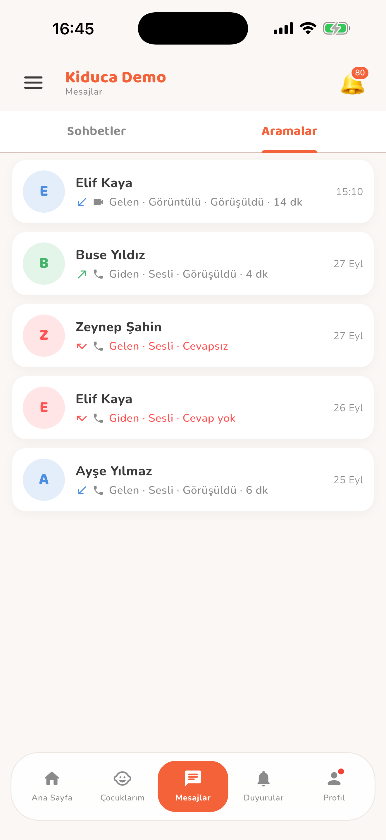 Arama geçmişi — Kiduca uygulaması
