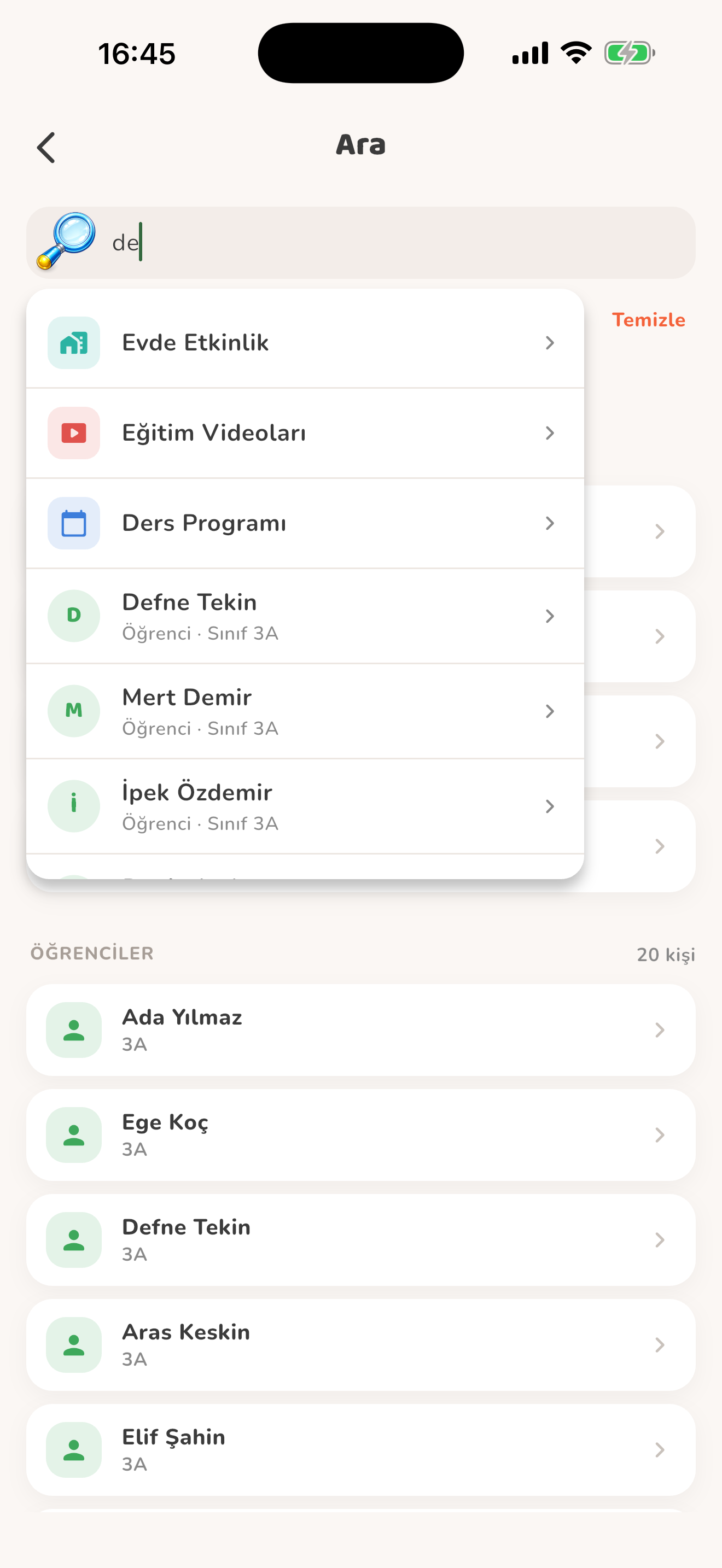 Arama ve hızlı erişim — Kiduca uygulaması