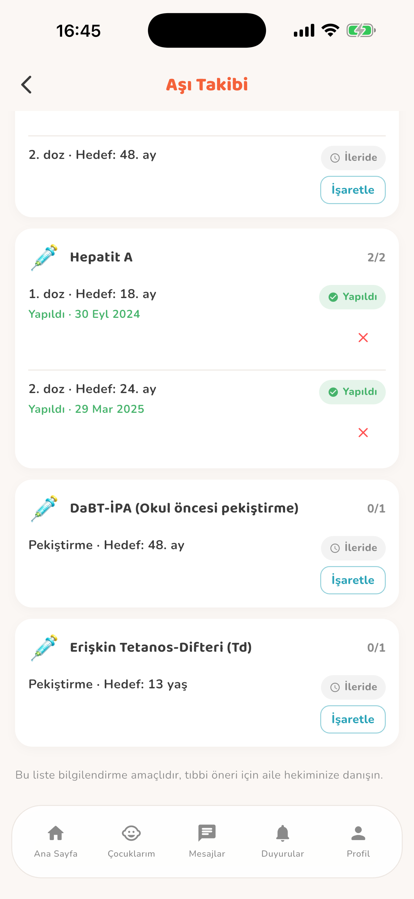 Aşı kayıtları ve durumlar — Kiduca uygulaması
