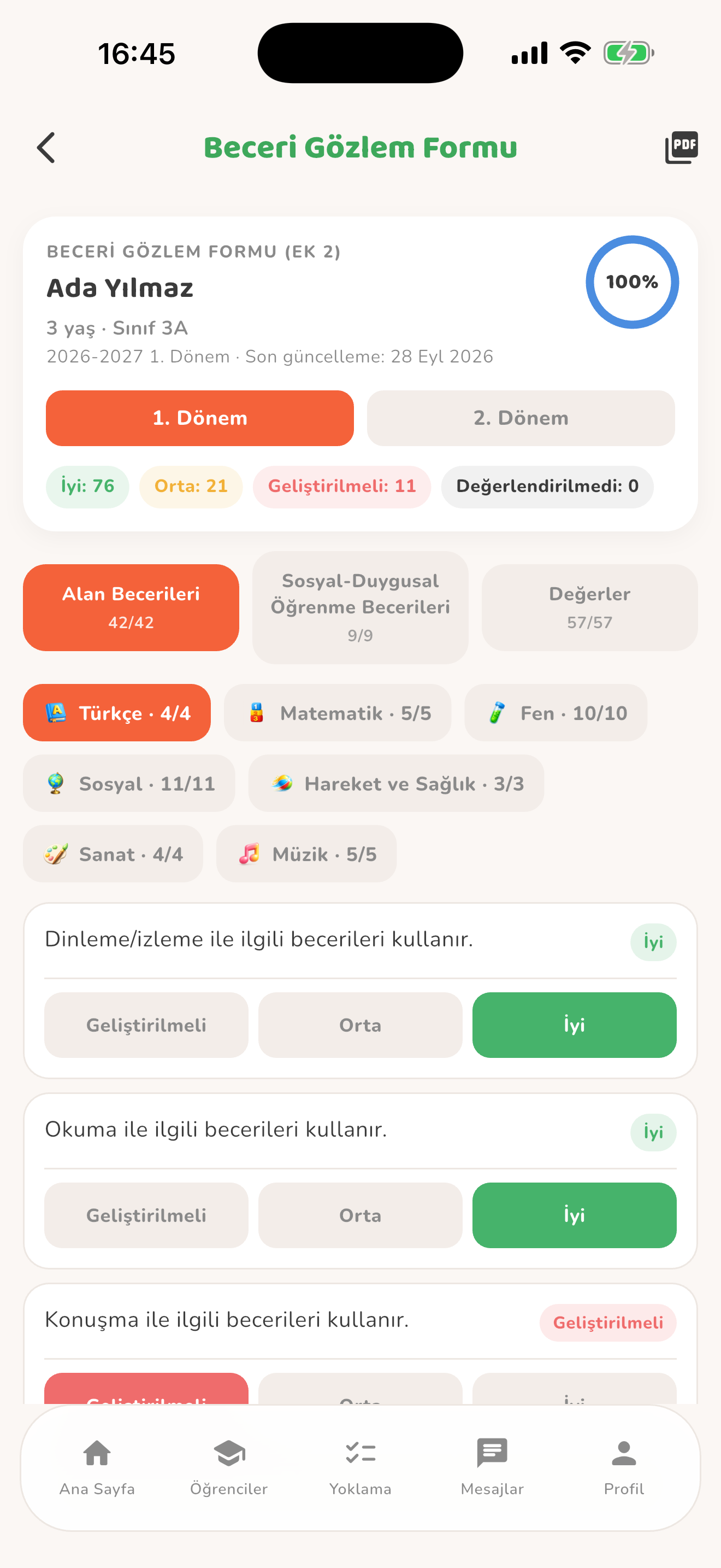 Öğrenci beceri gözlemi — Kiduca uygulaması