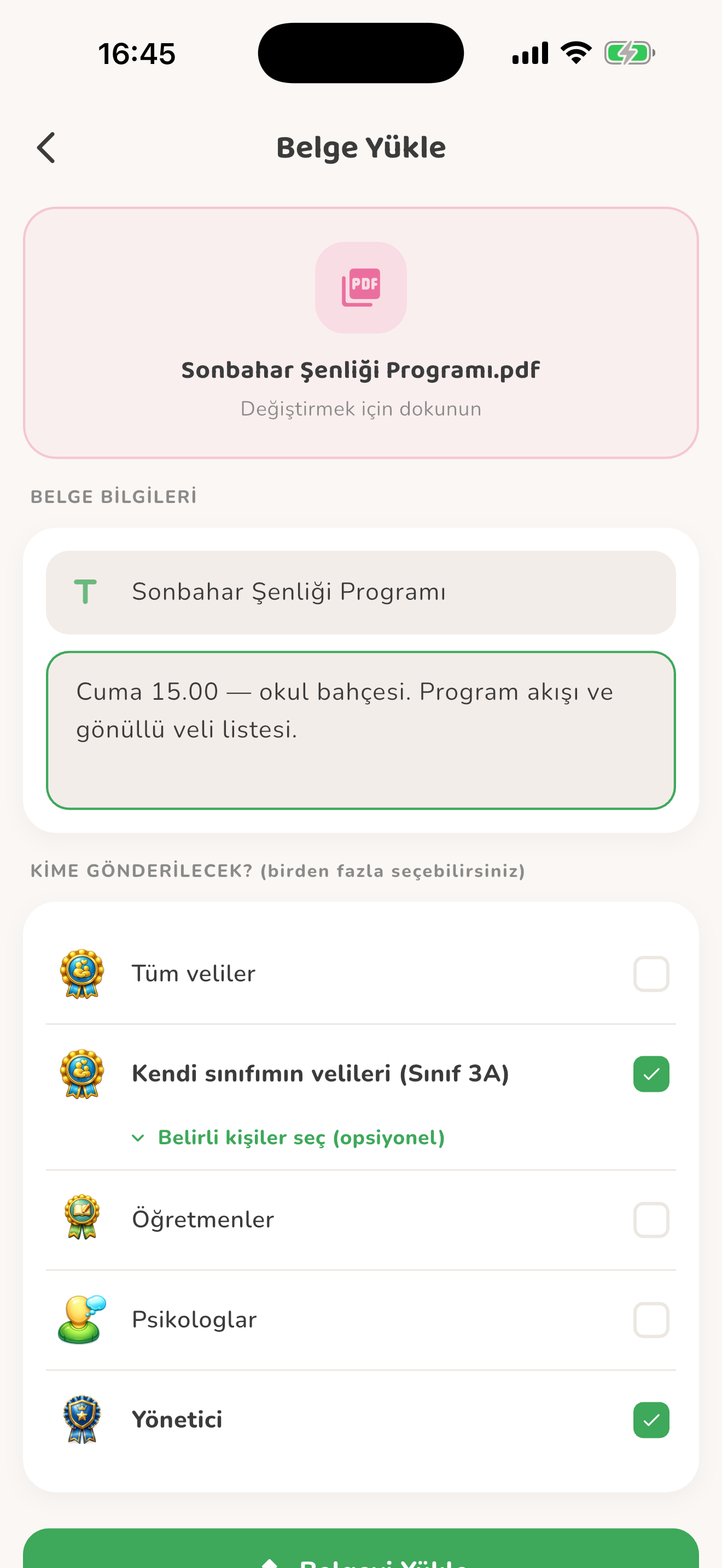 Belge gönderilecek kişileri seçme — Kiduca uygulaması