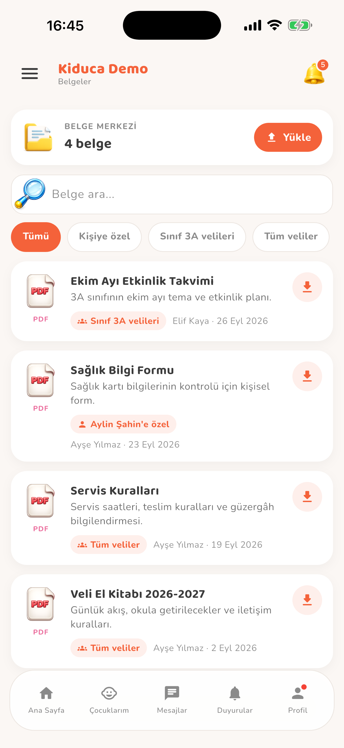 Belge listesi ve hedef filtresi — Kiduca uygulaması