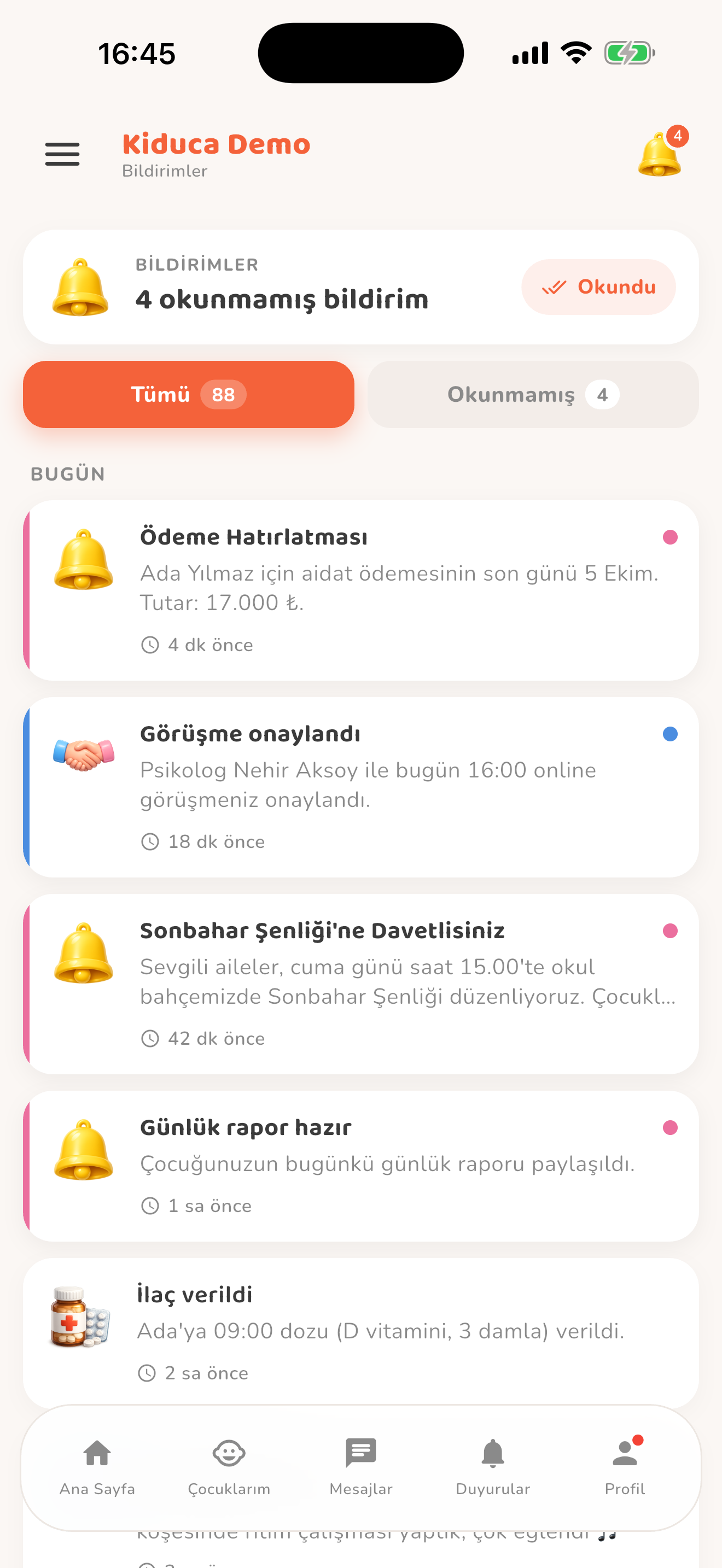 Bildirimler ve okunmamış filtresi — Kiduca uygulaması