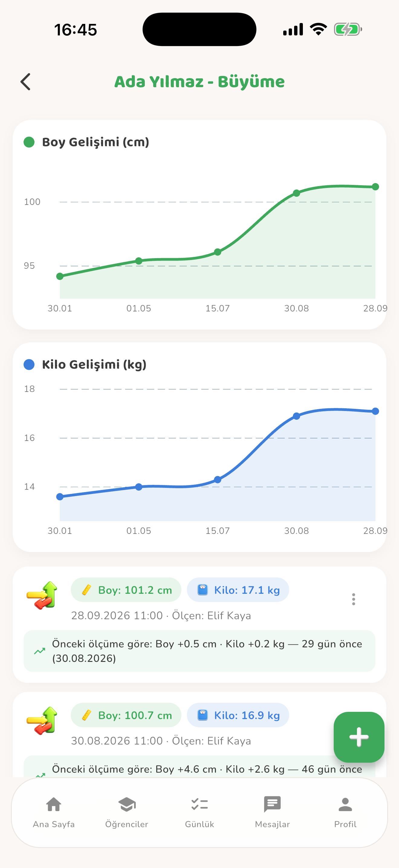 Boy ve kilo geçmişi — Kiduca uygulaması