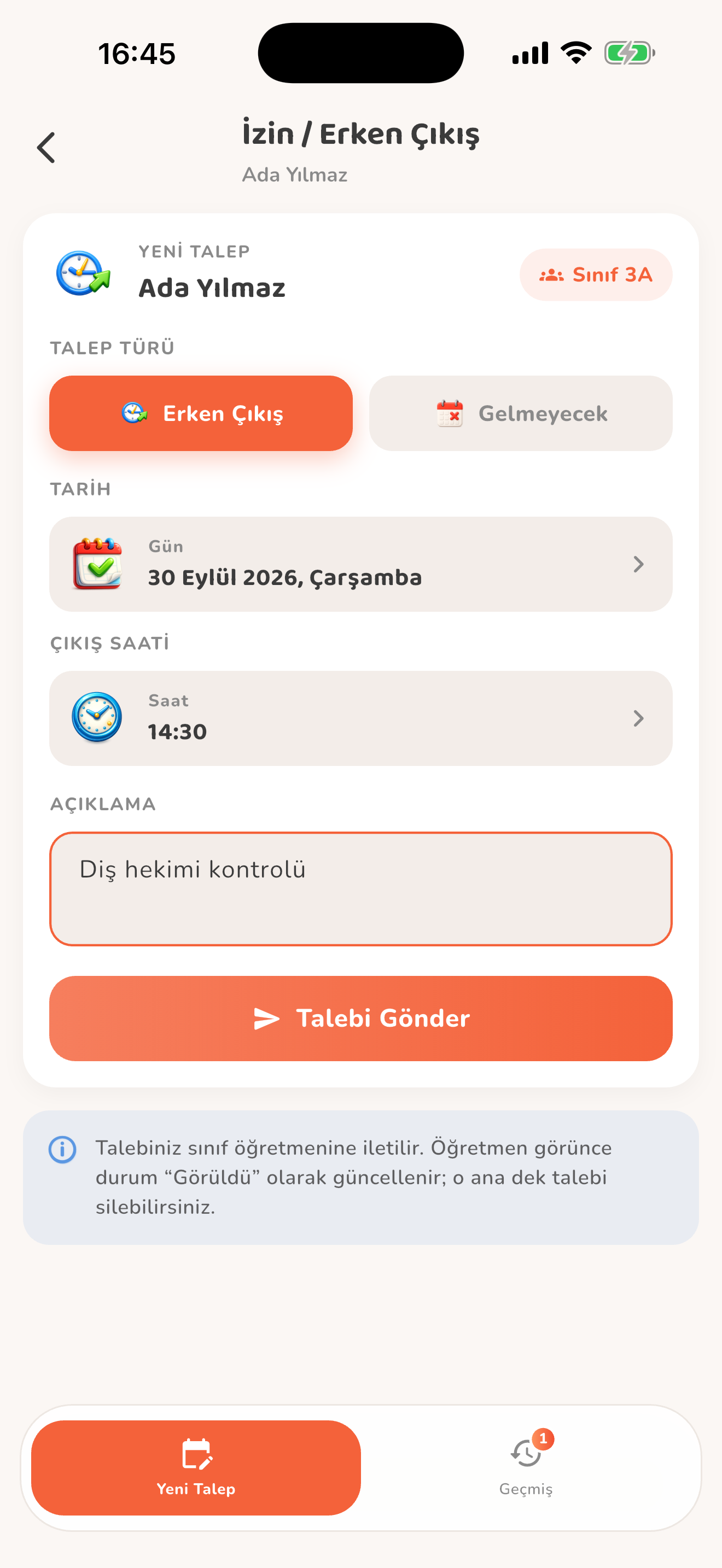 İzin ve erken çıkış bildirimi — Kiduca uygulaması