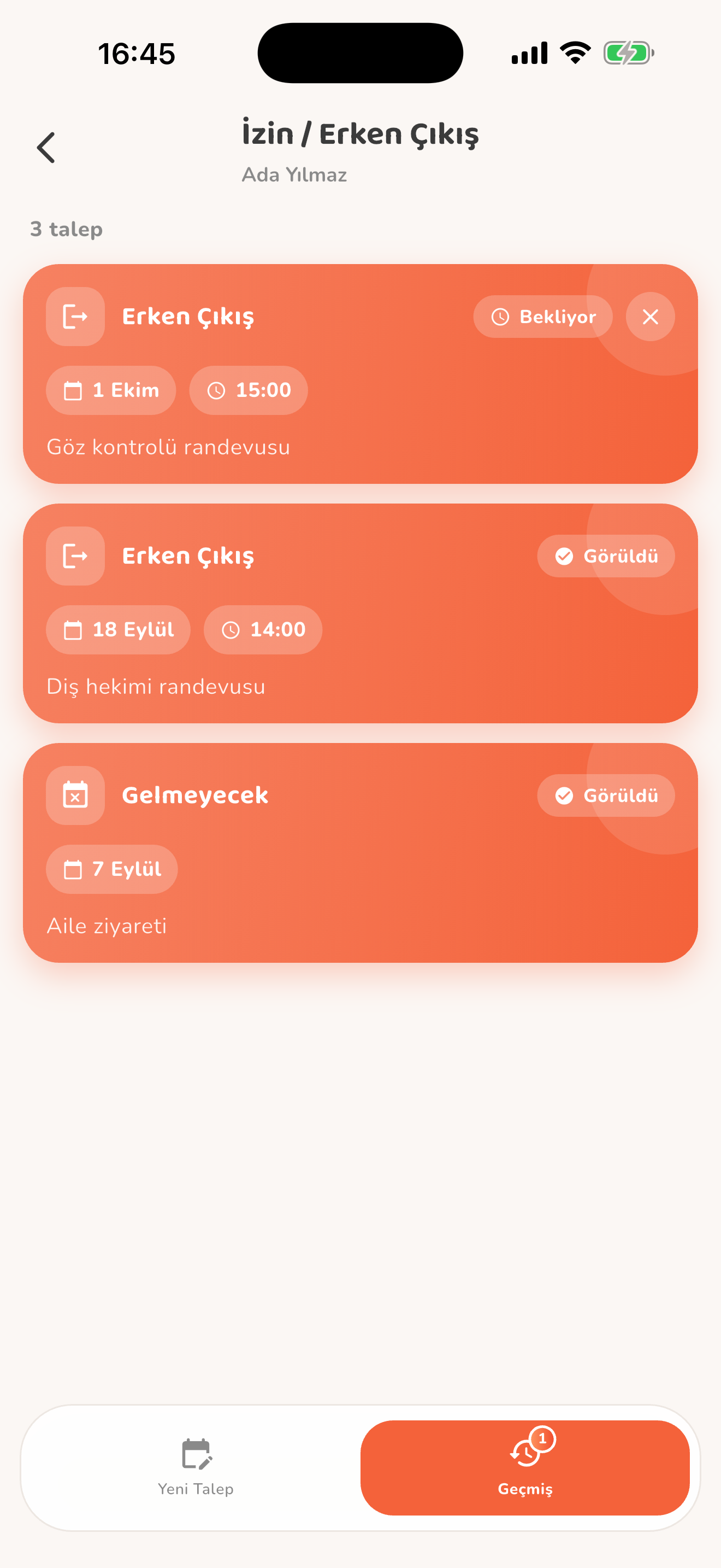 Geçmiş izin ve erken çıkış talepleri — Kiduca uygulaması