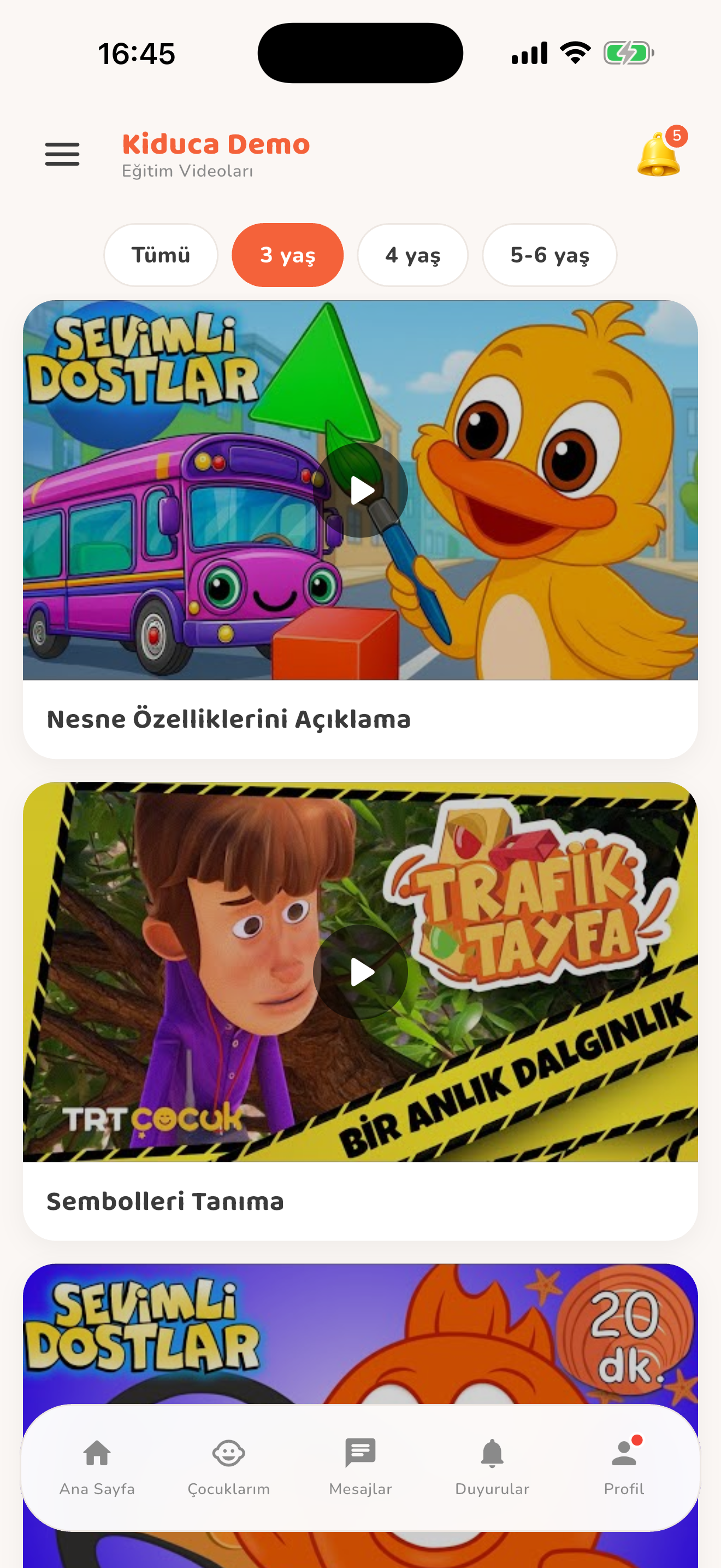 Yaşa göre eğitim videoları — Kiduca uygulaması