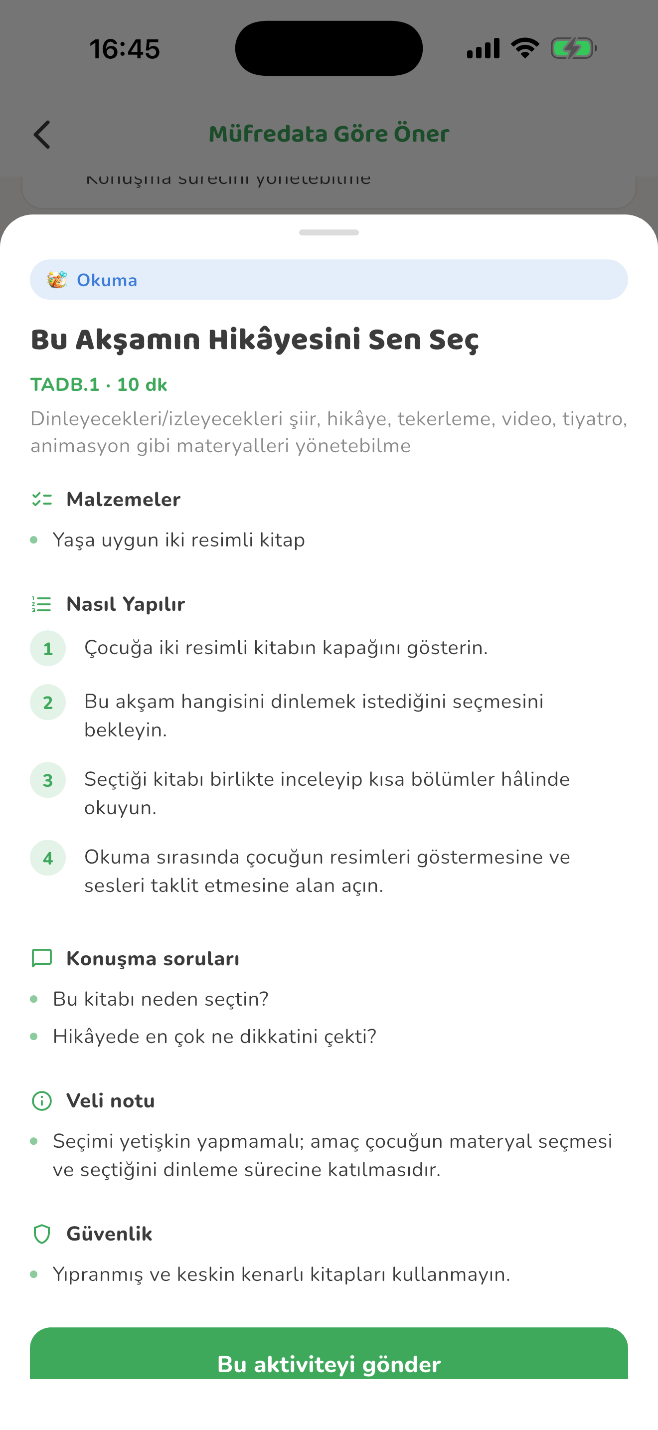 Müfredattan etkinlik önerme — Kiduca uygulaması