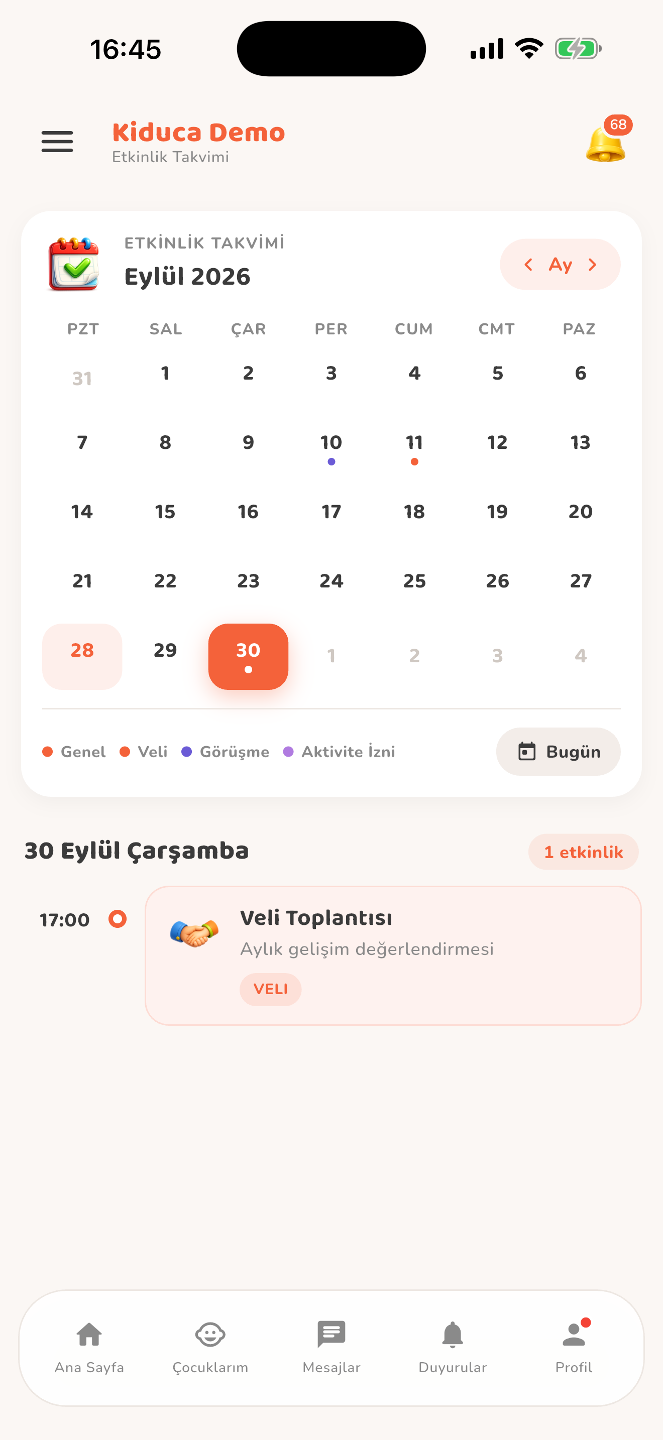 Etkinlik ve görüşme takvimi — Kiduca uygulaması