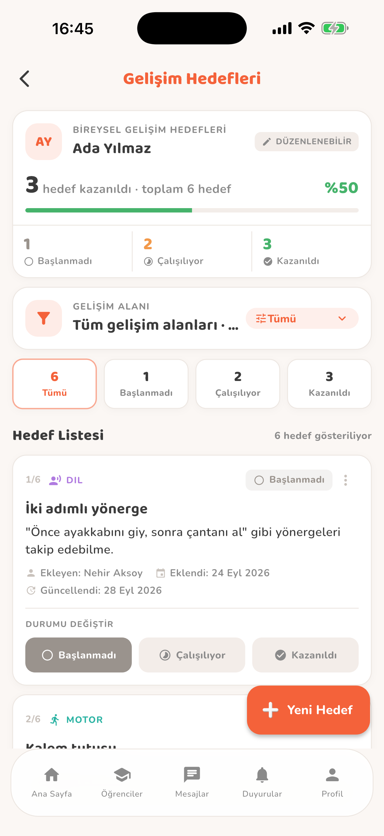 Bireysel gelişim hedefleri — Kiduca uygulaması