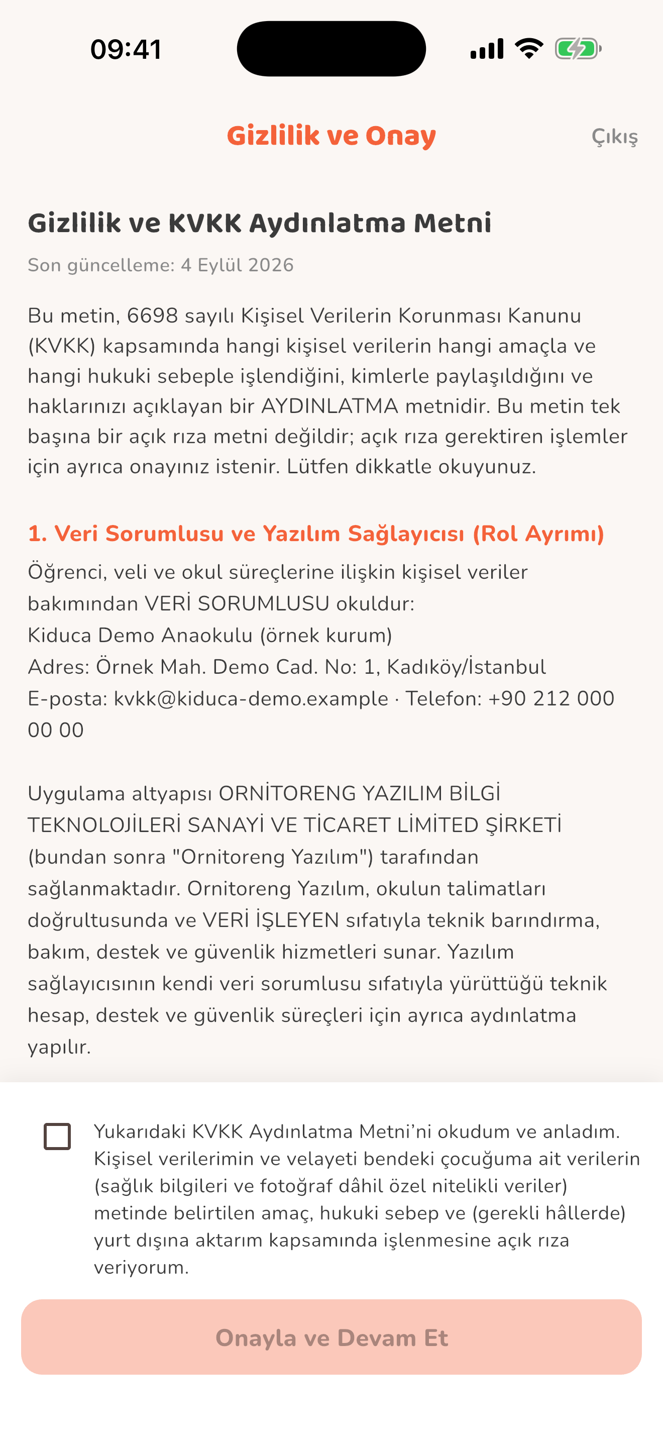 Gizlilik metni ve onay — Kiduca uygulaması