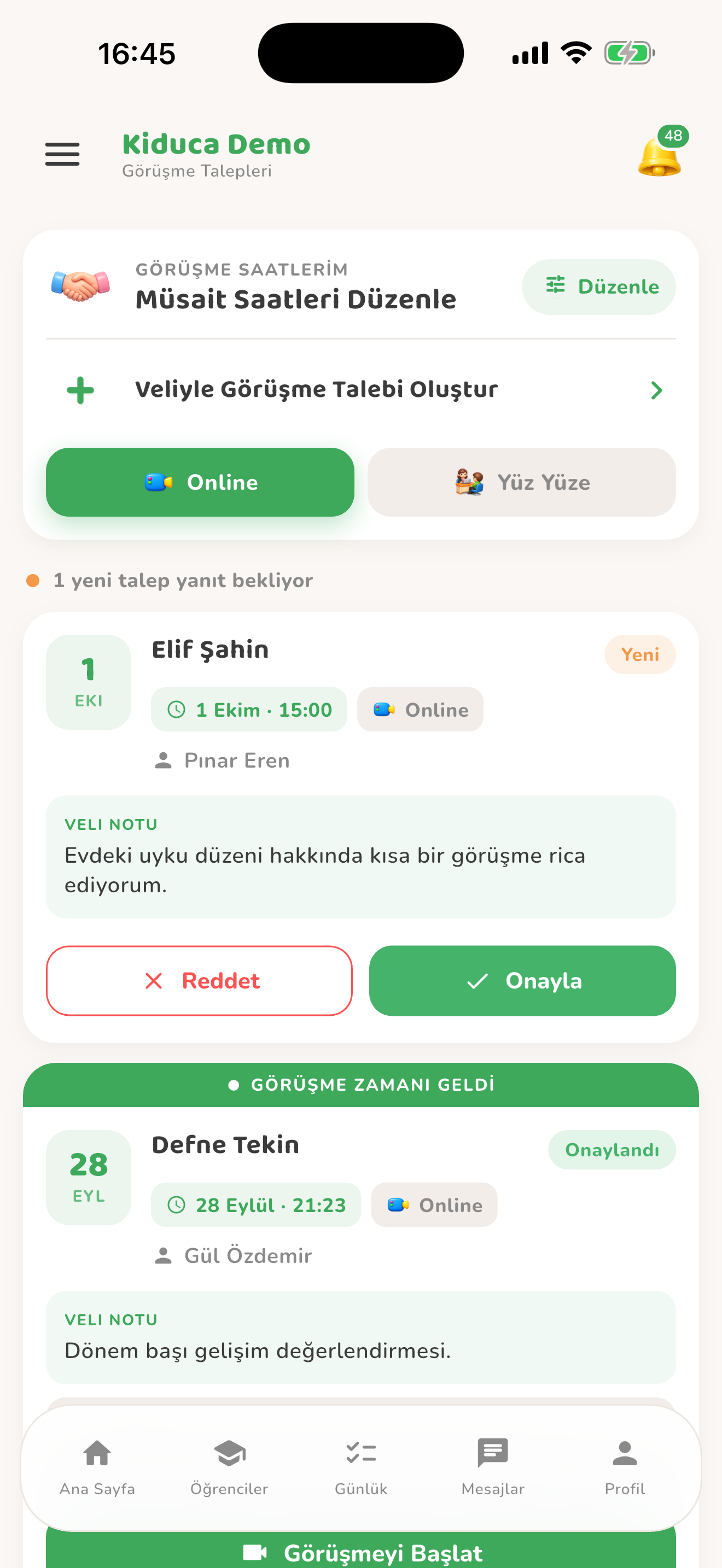 Çevrim içi randevu ve görüşmeyi başlatma — Kiduca uygulaması