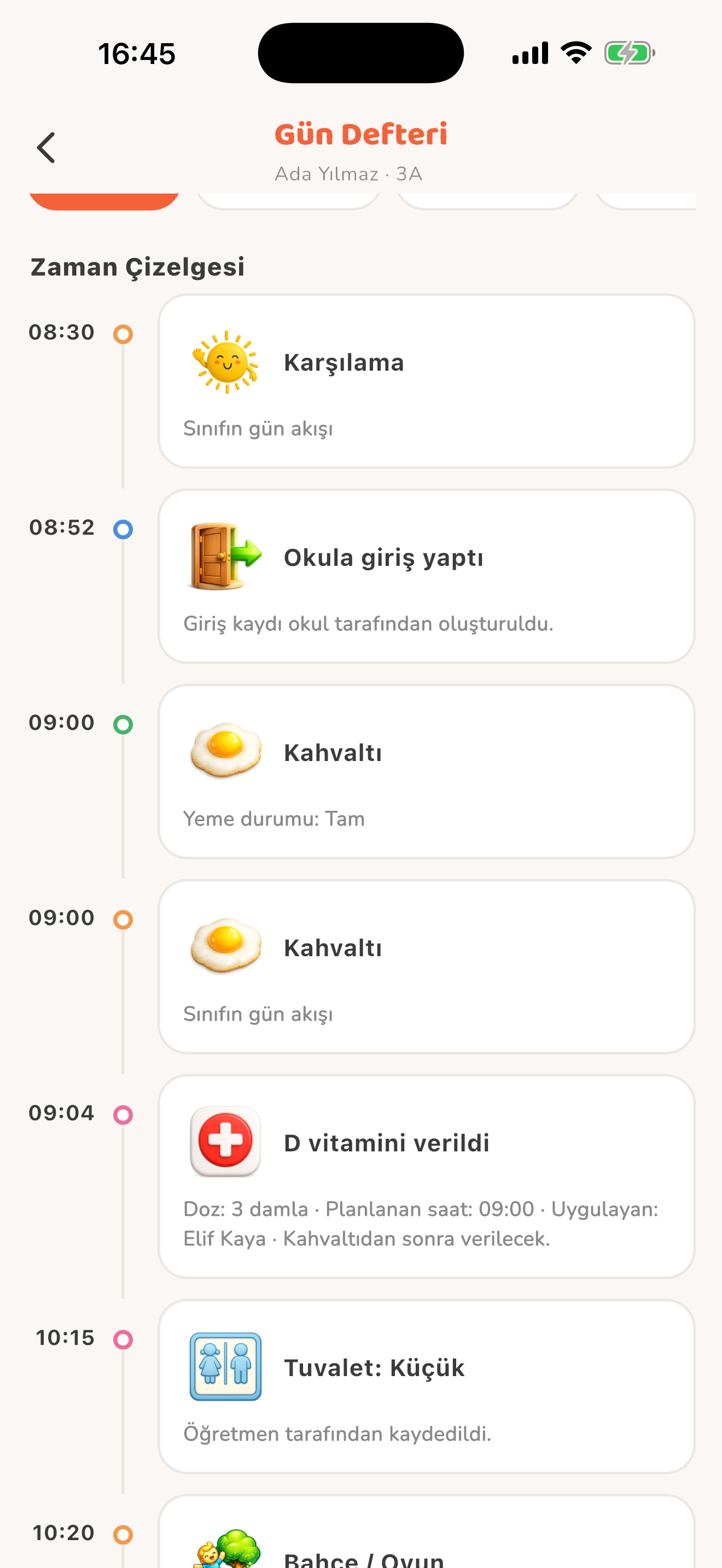 Saat sıralı gün defteri — Kiduca uygulaması