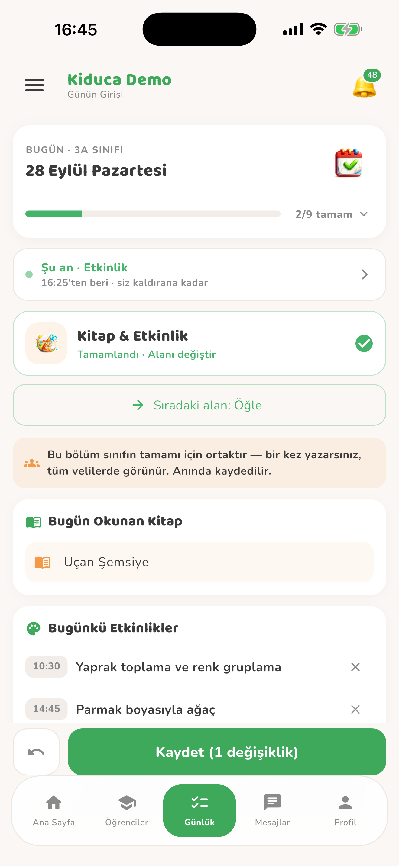 Sınıfın kitabı ve etkinlikleri — Kiduca uygulaması