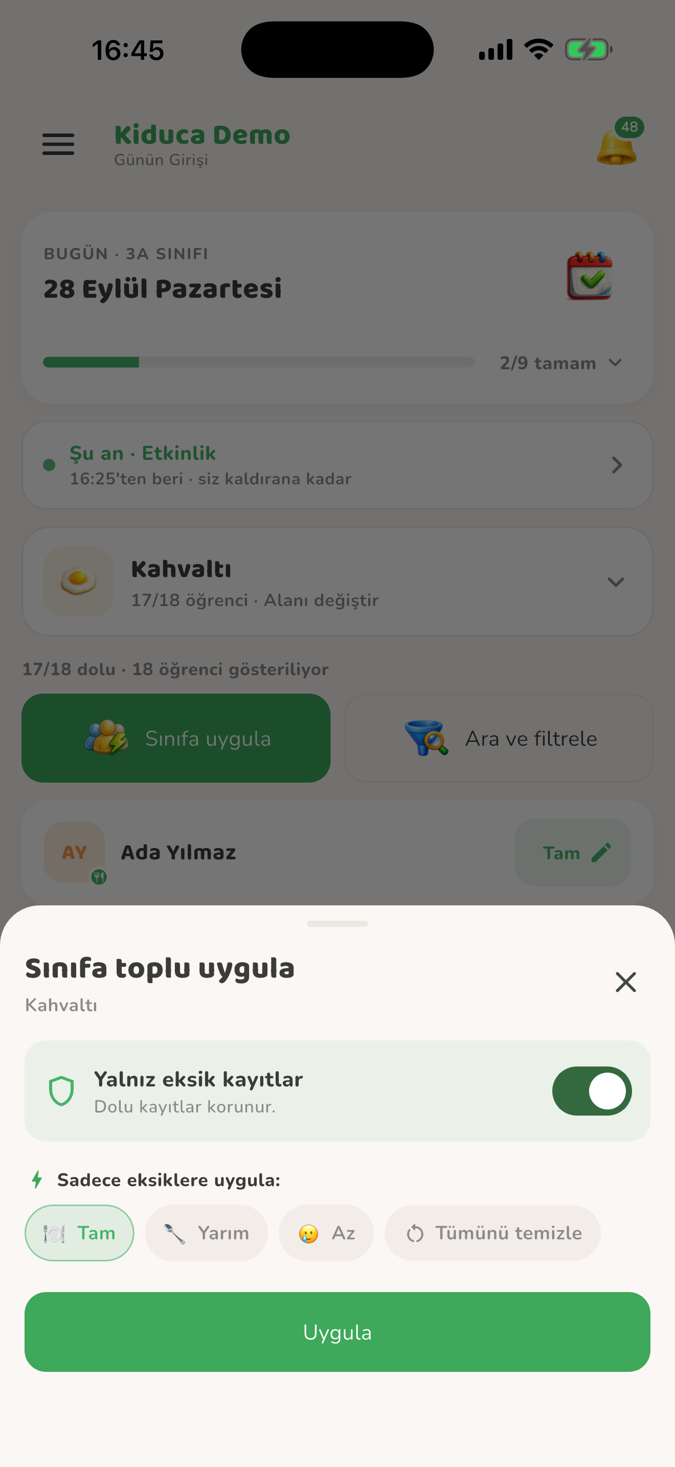 Sınıfa toplu uygulama — Kiduca uygulaması
