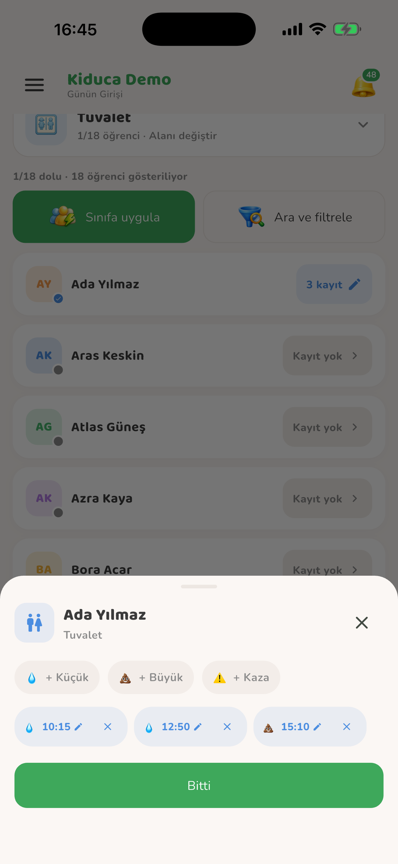 Saatli tuvalet kaydını düzenleme — Kiduca uygulaması