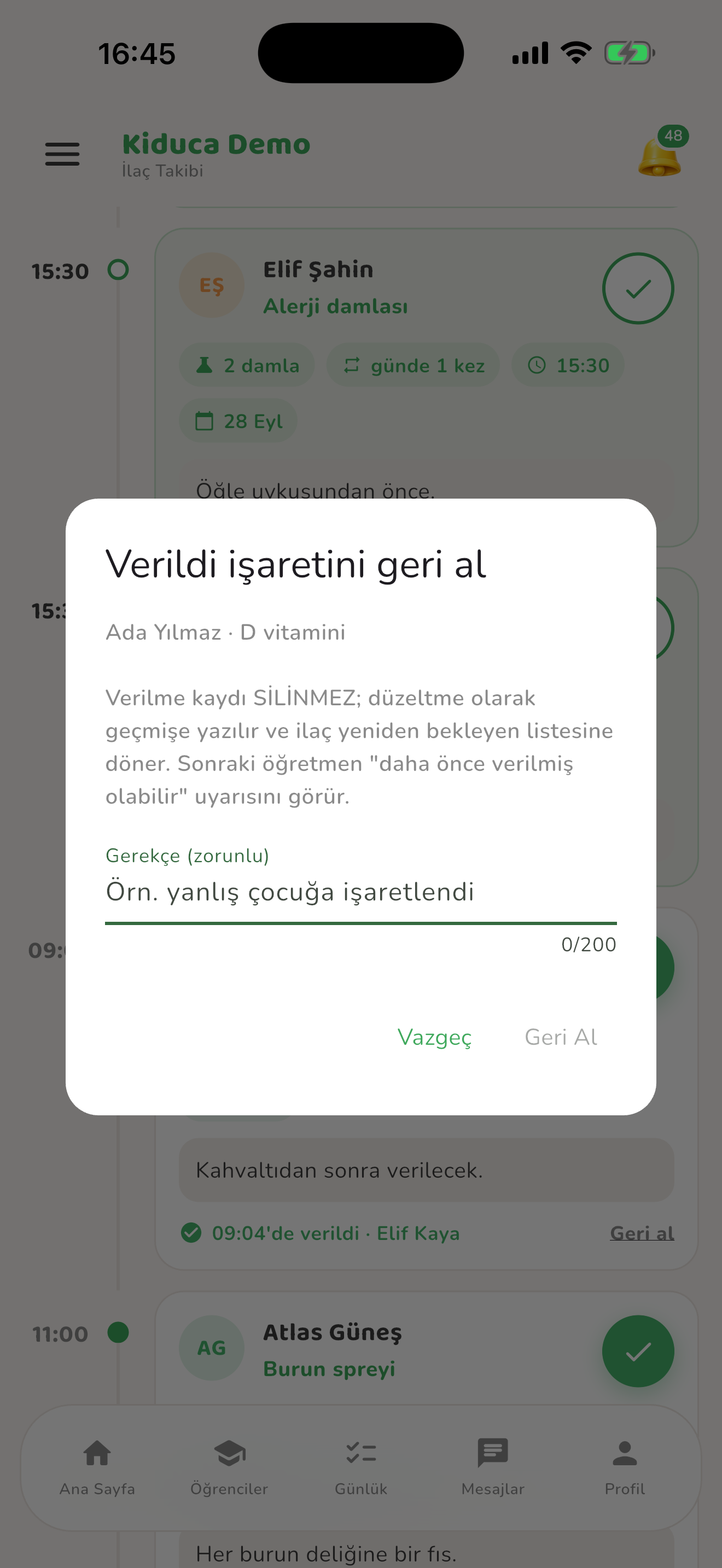 Gerekçeli kayıt düzeltmesi — Kiduca uygulaması