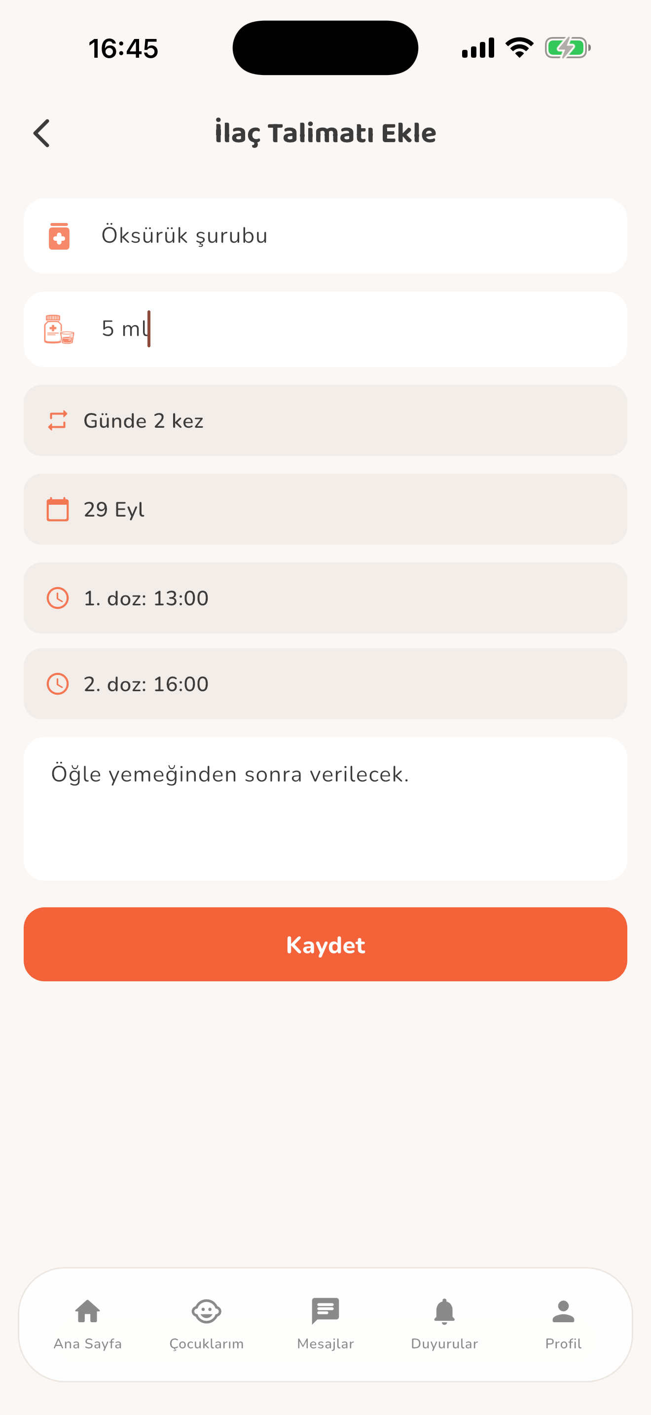 Veli ilaç kaydı — Kiduca uygulaması
