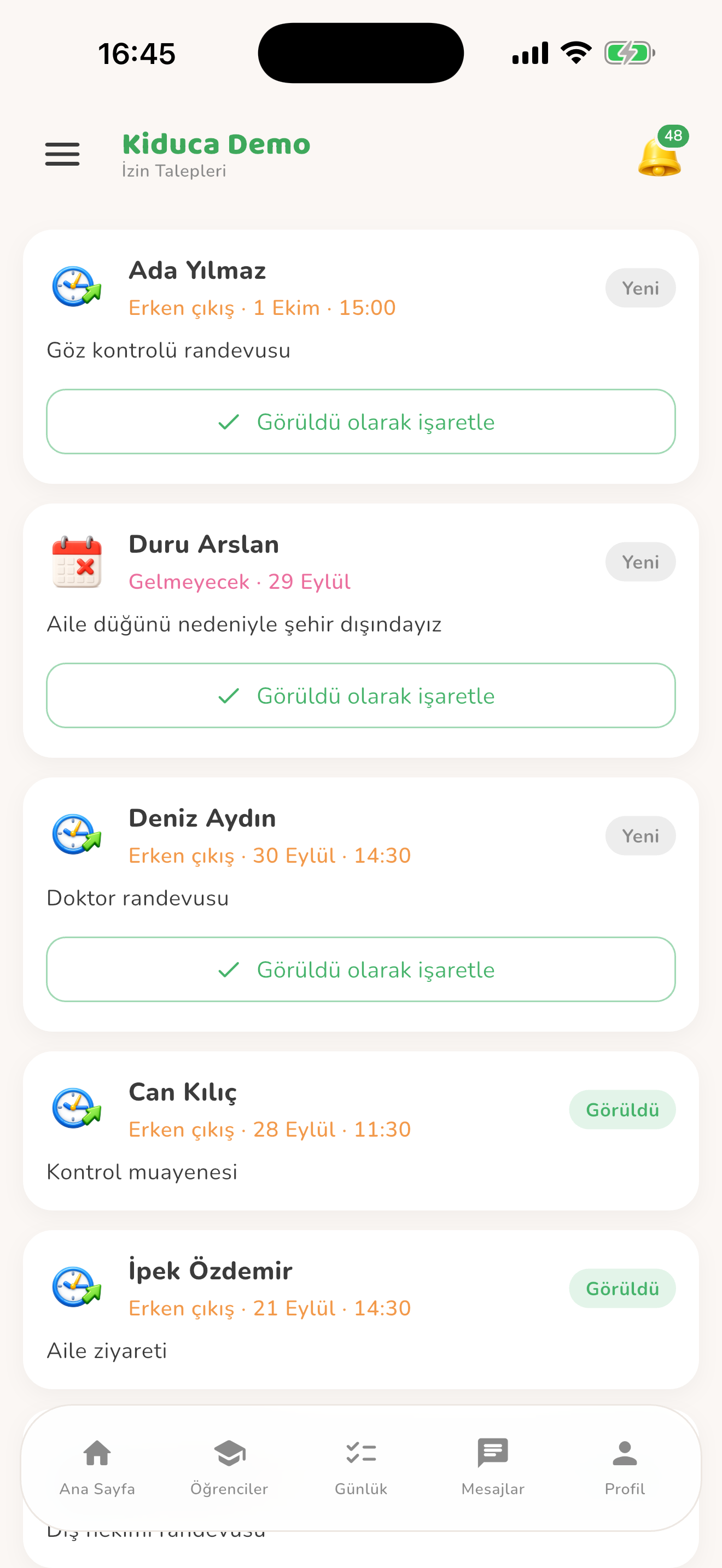 Öğretmene gelen izinler — Kiduca uygulaması