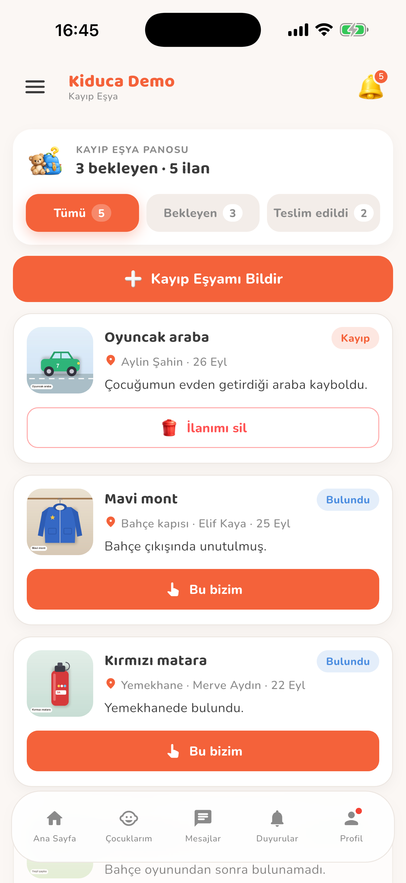 Kayıp ve bulunan eşyalar — Kiduca uygulaması
