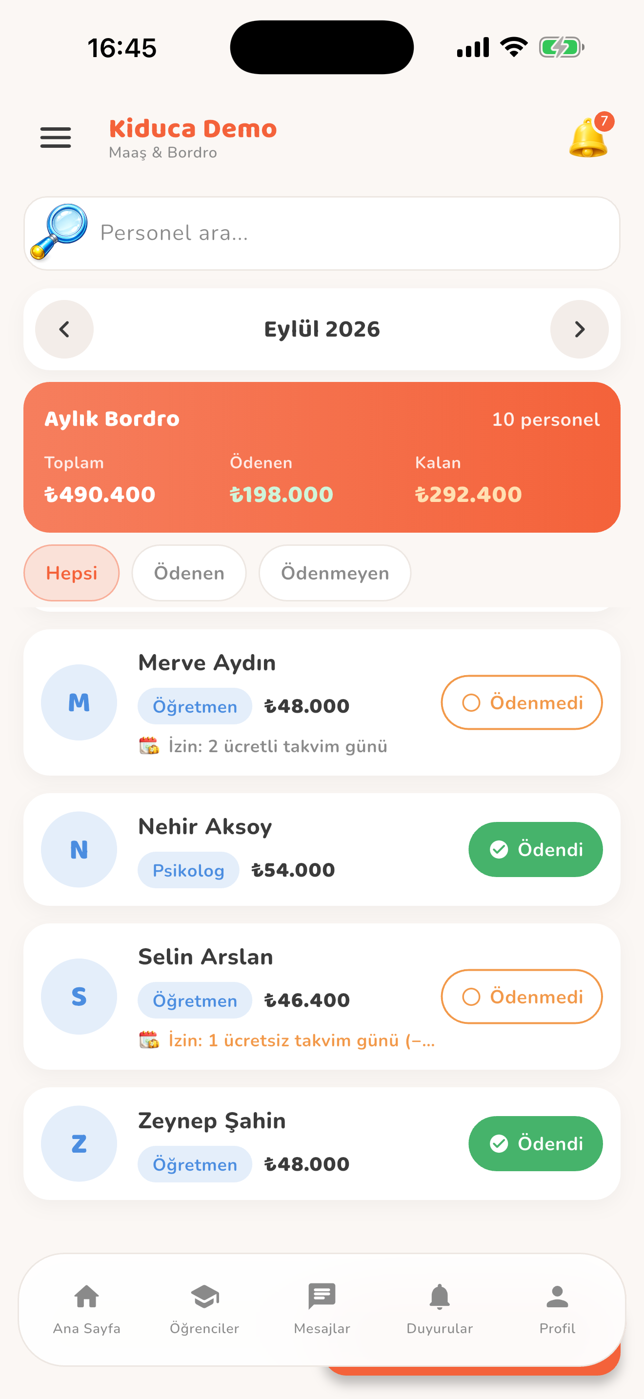 Aylık maaş ve bordro takibi — Kiduca uygulaması
