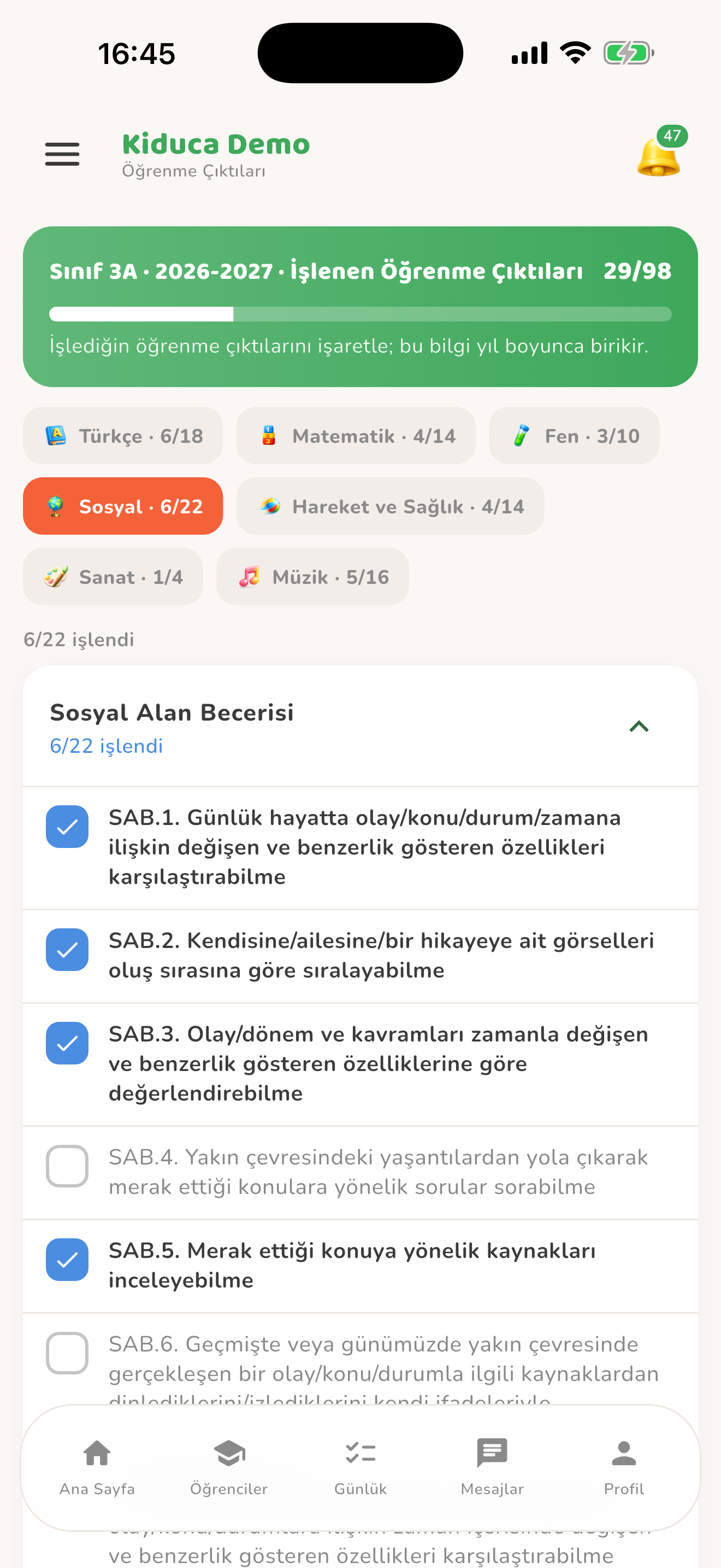 Sınıf öğrenme çıktıları — Kiduca uygulaması