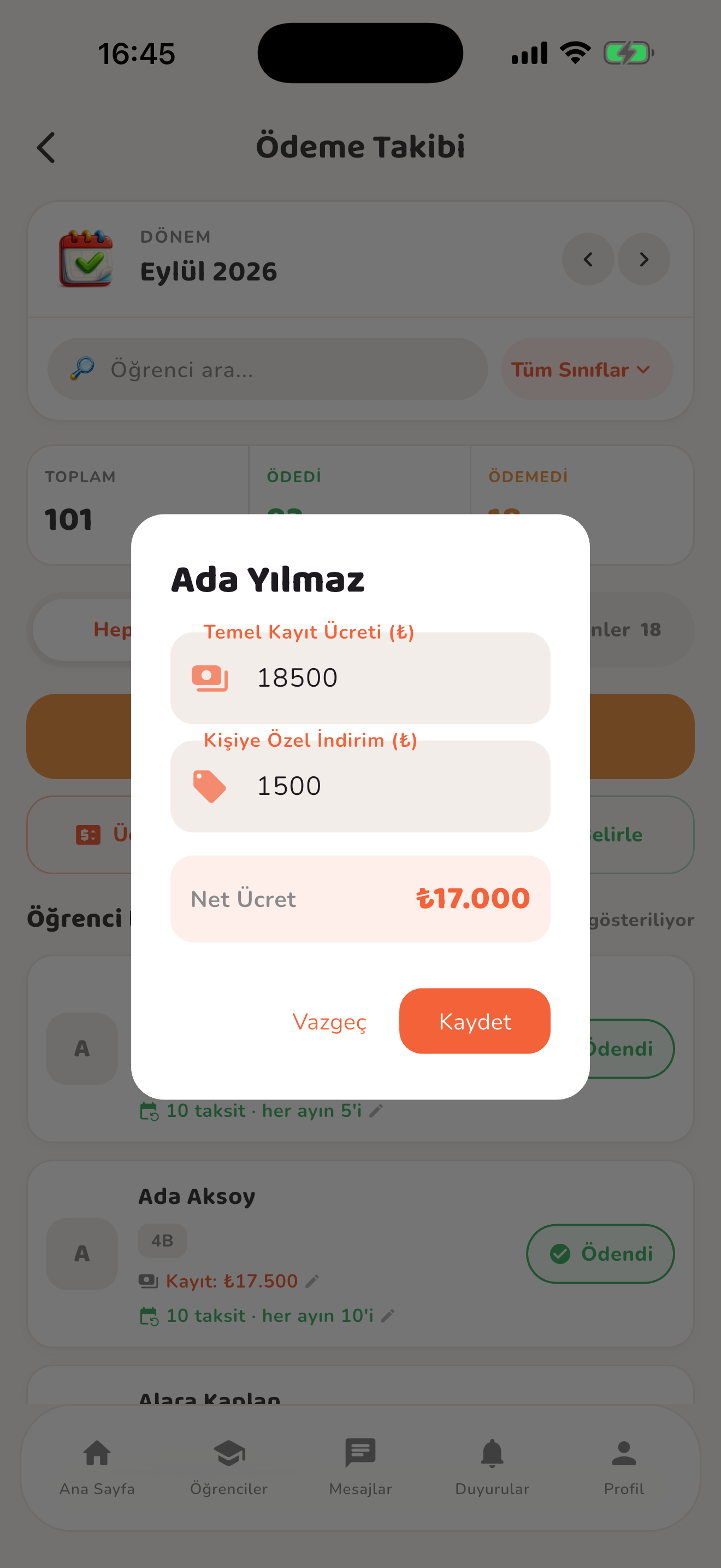 Ücret, indirim ve vade planı — Kiduca uygulaması