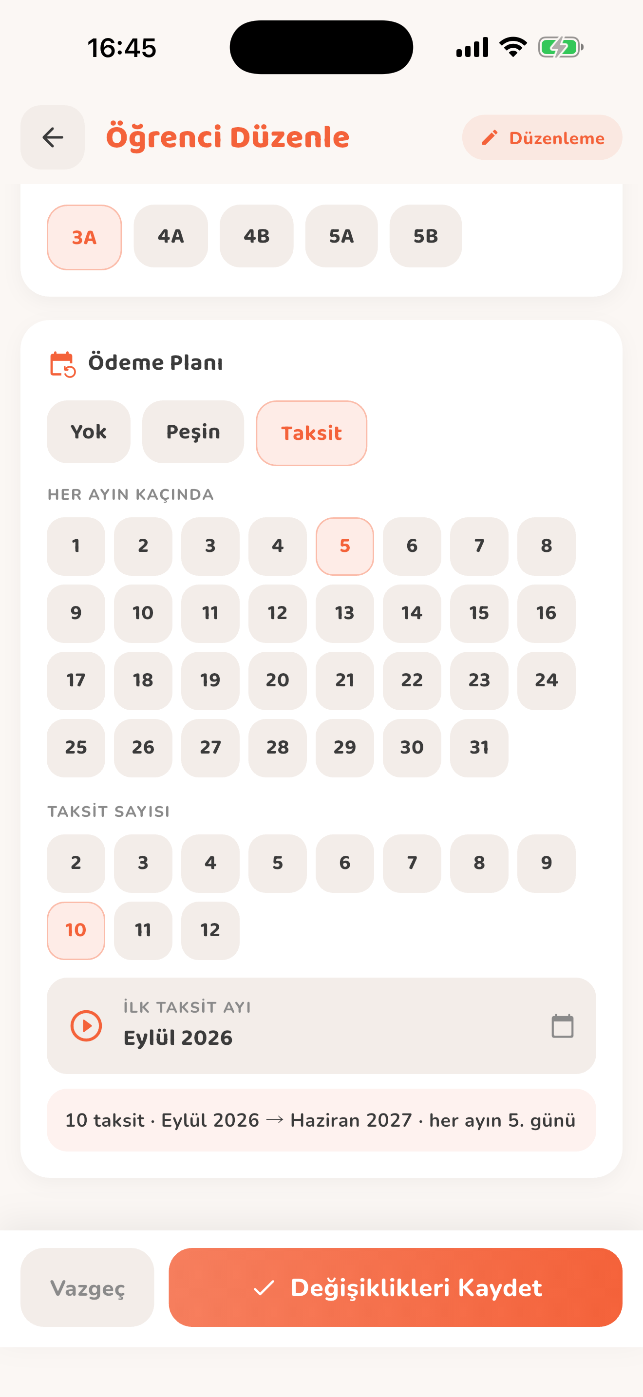 Taksit tarihleri ve ödeme planı — Kiduca uygulaması
