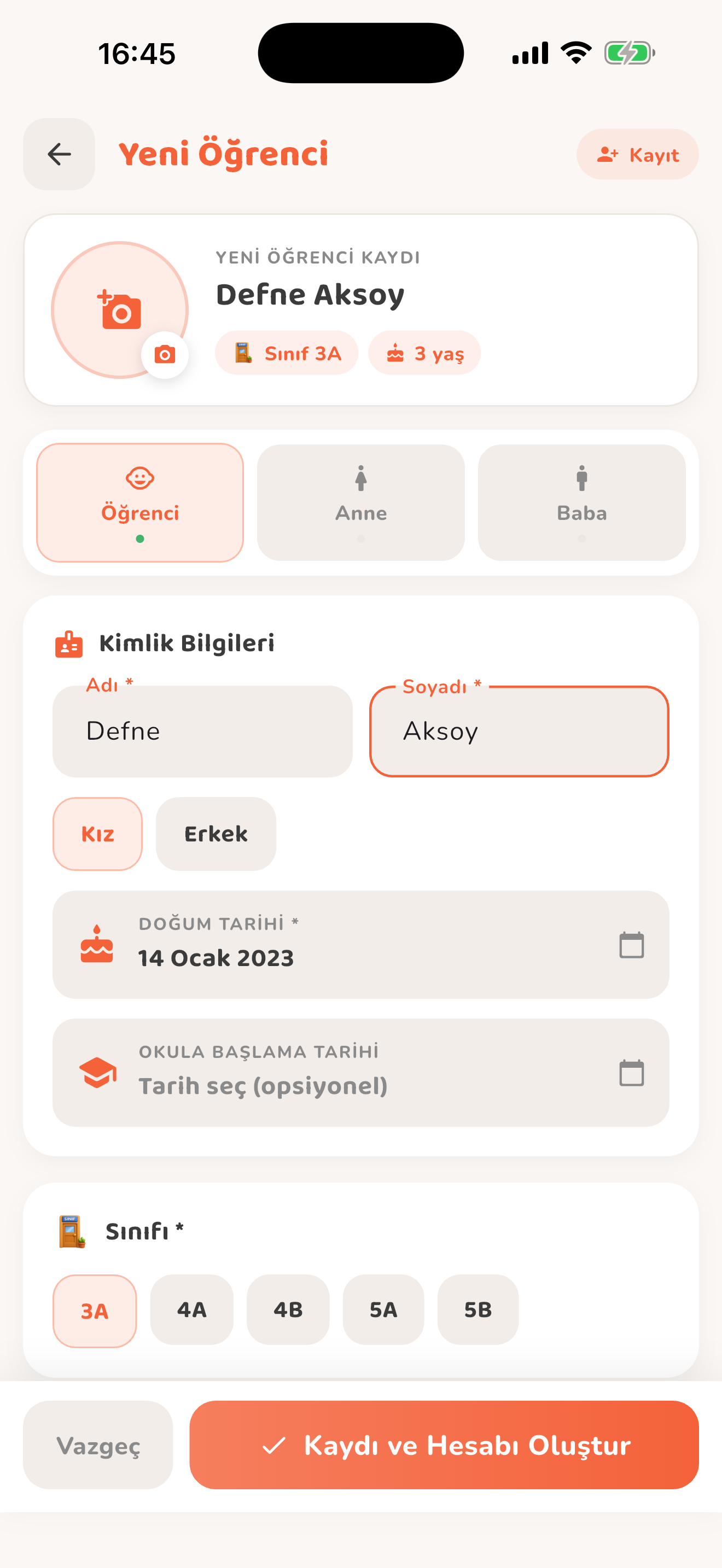 Öğrenci ve veli kaydı — Kiduca uygulaması