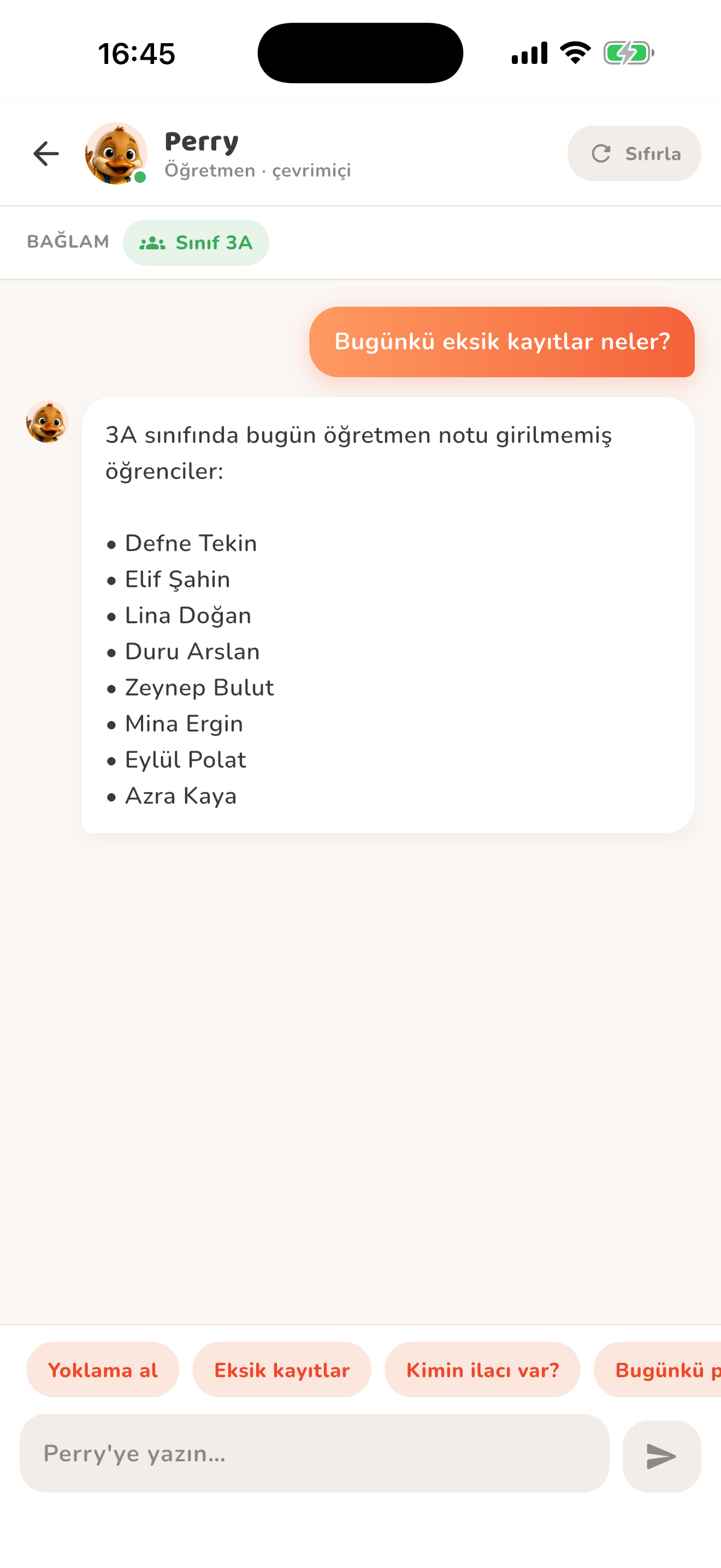 Perry ile kayıt sorgulama — Kiduca uygulaması