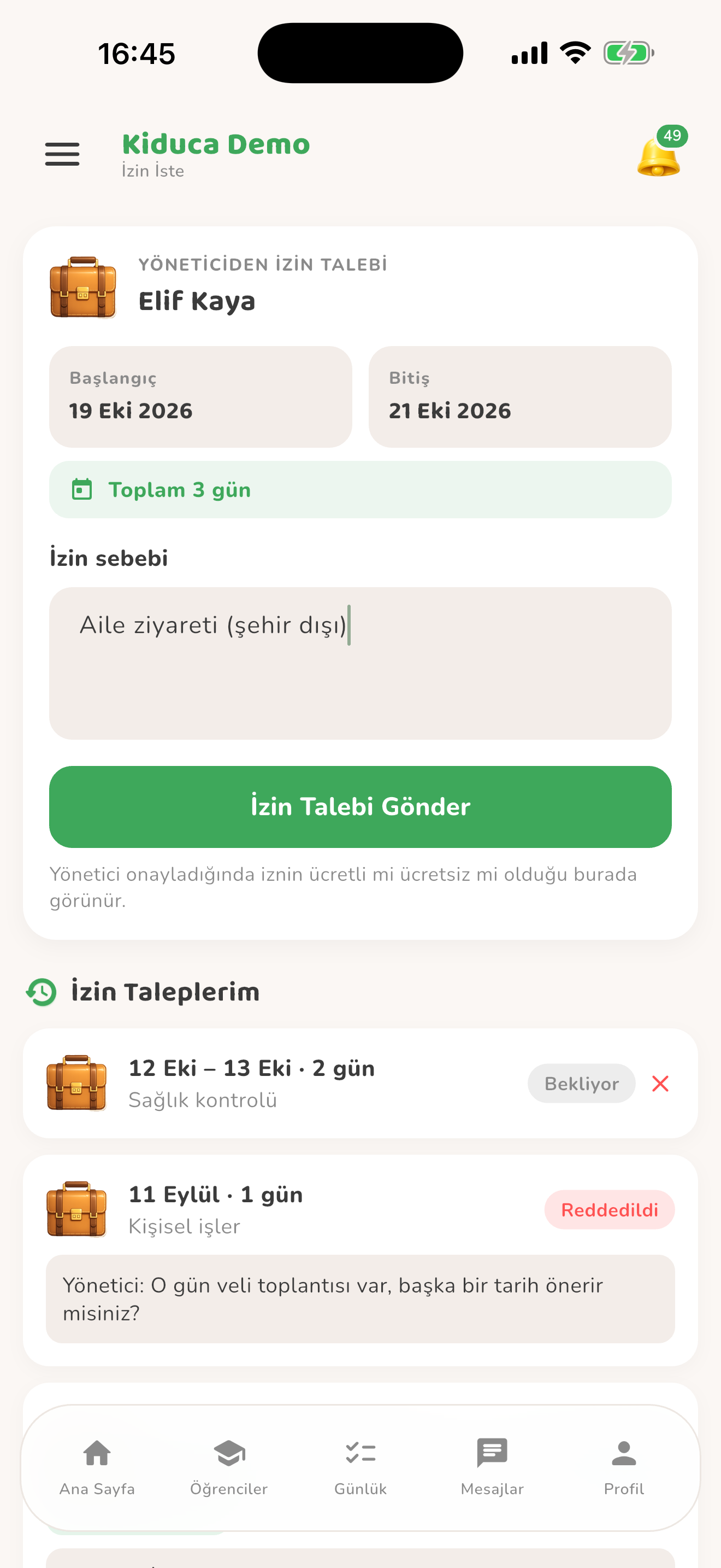 Personelin izin talebi — Kiduca uygulaması