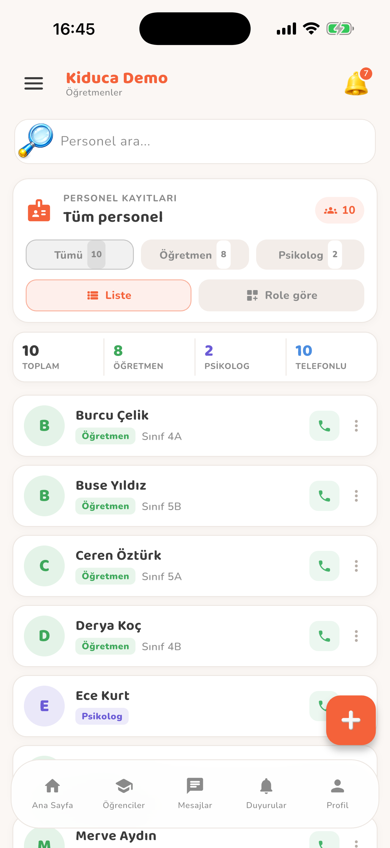Öğretmen ve psikolog kayıtları — Kiduca uygulaması