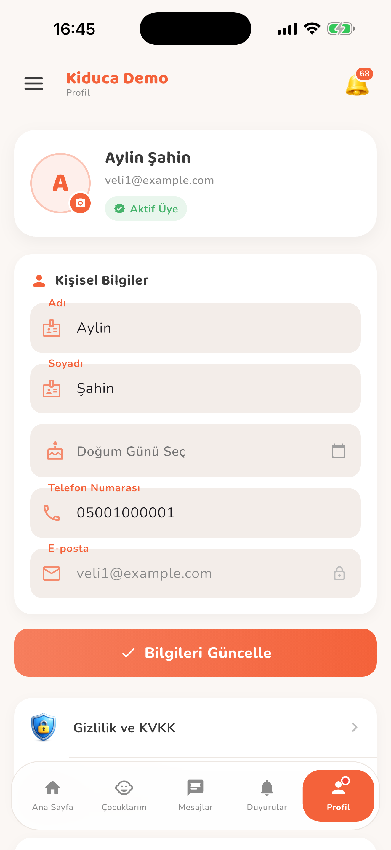Profil ve hesap ayarları — Kiduca uygulaması