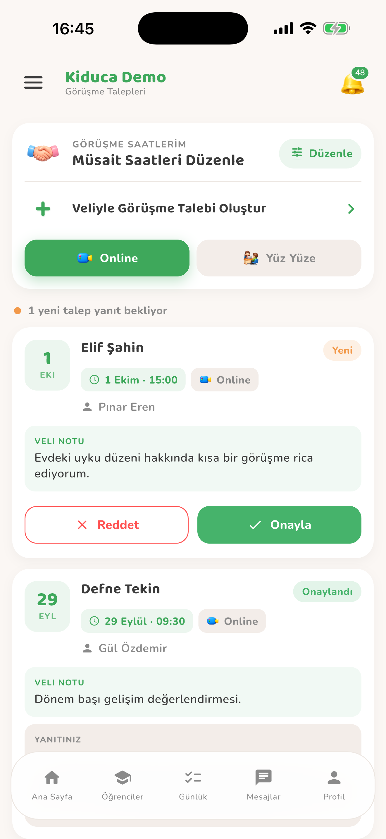Görüşme talepleri ve yanıtlar — Kiduca uygulaması