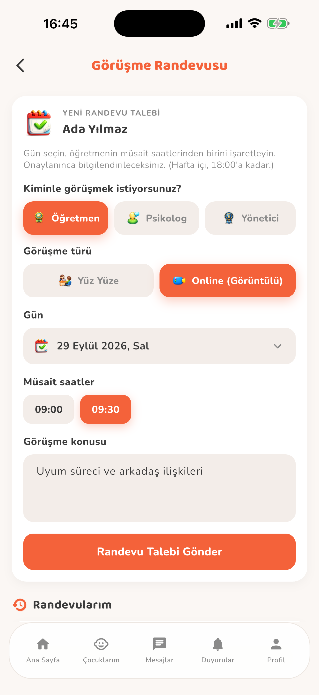 Veli randevu talebi — Kiduca uygulaması