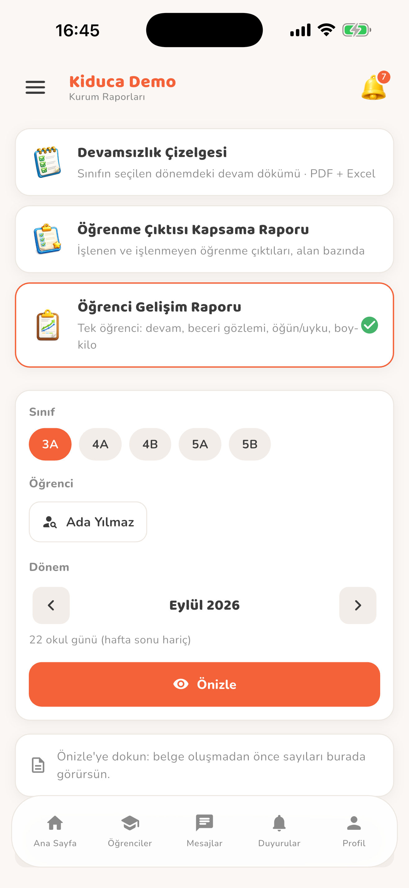 Rapor türü ve kapsam seçimi — Kiduca uygulaması