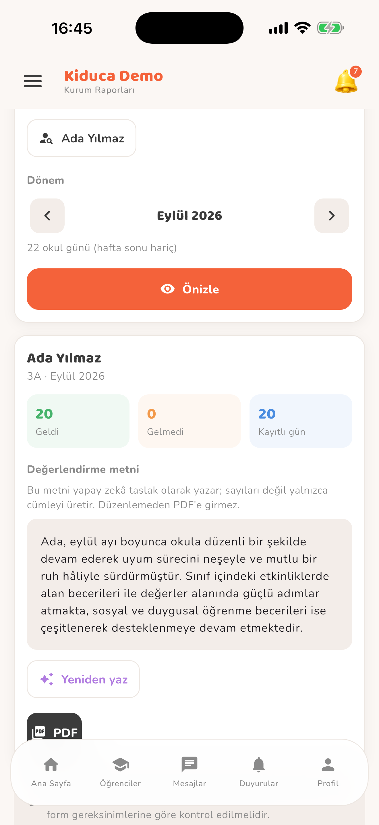 Rapor önizlemesi ve değerlendirme — Kiduca uygulaması