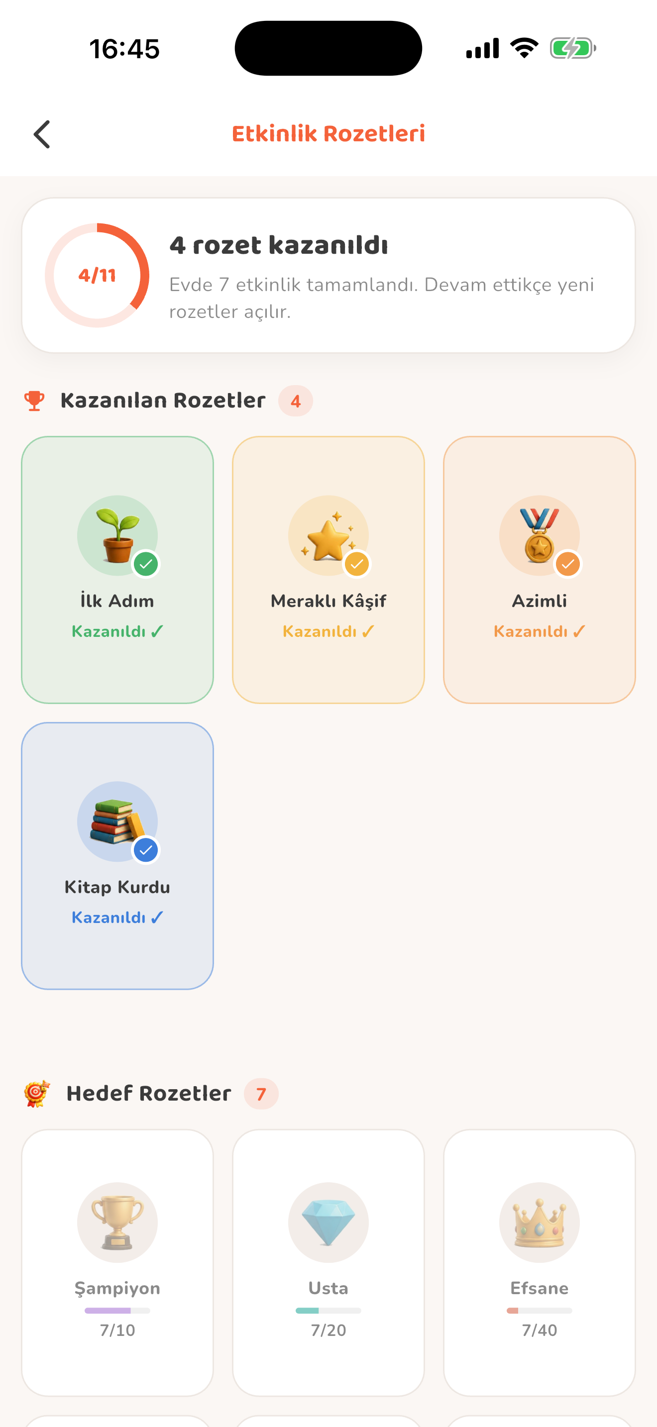 Kazanılan ve hedef rozetler — Kiduca uygulaması