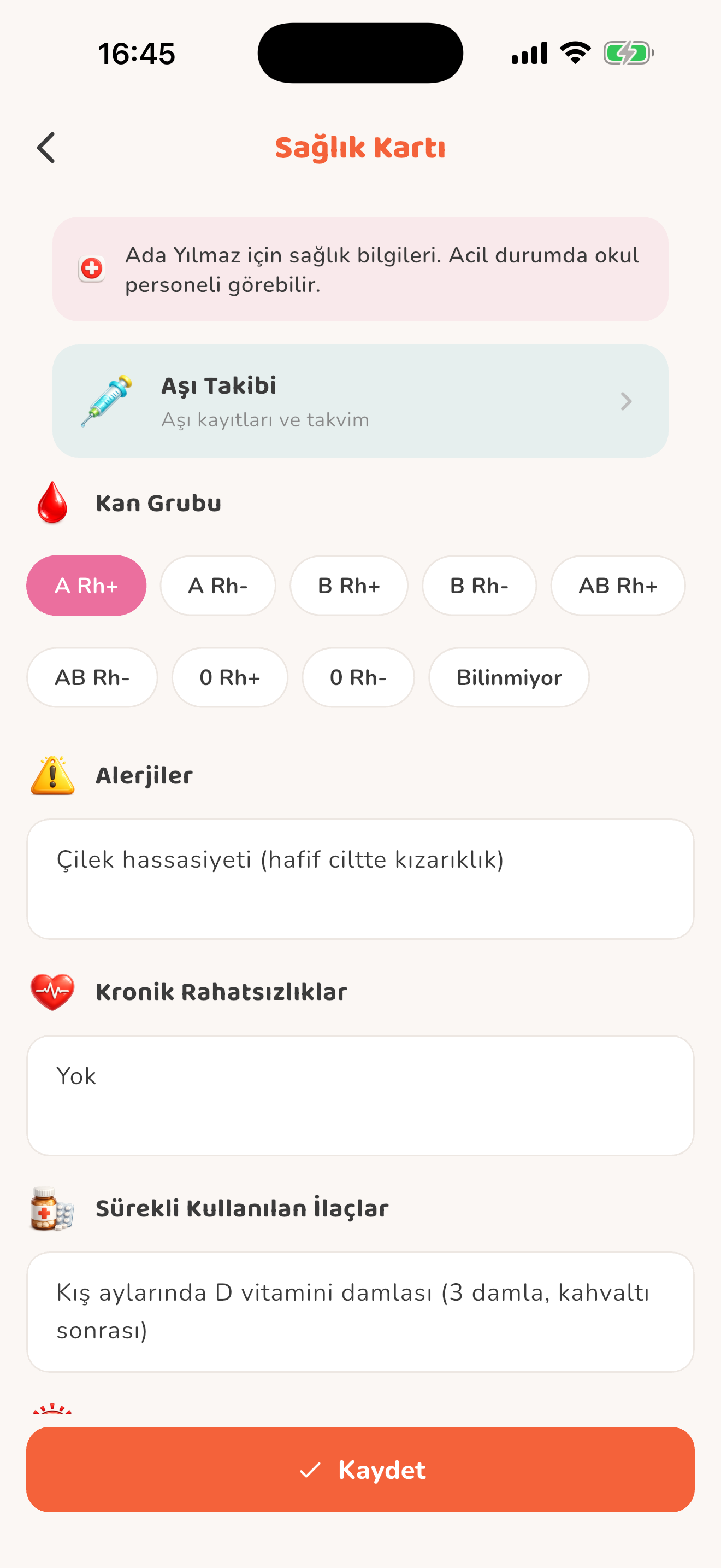 Çocuğun sağlık kartı — Kiduca uygulaması