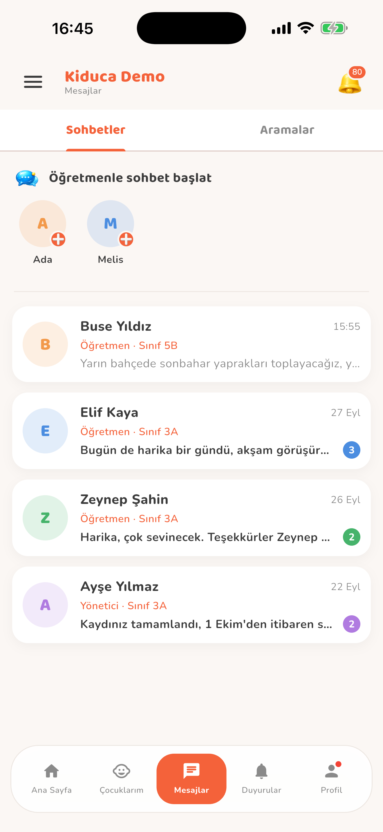 Konuşmalar ve okunmamış mesajlar — Kiduca uygulaması
