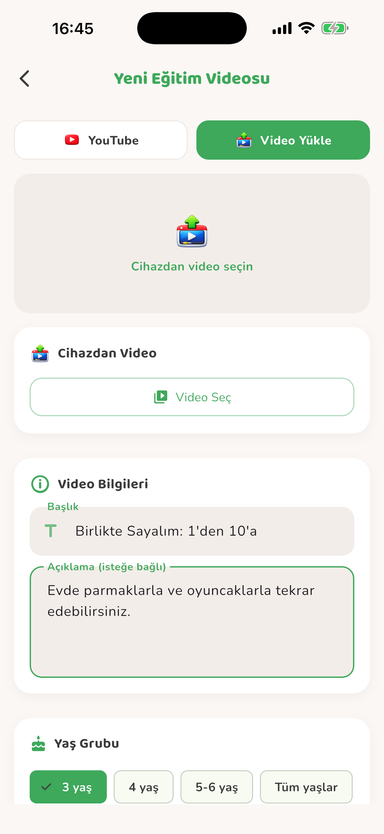 Bağlantı veya dosyayla video ekleme — Kiduca uygulaması