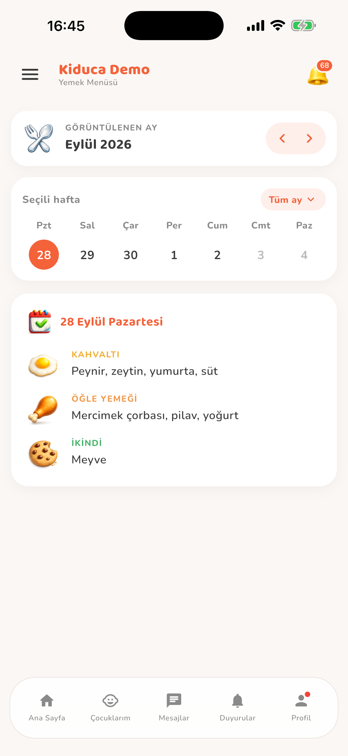 Günün yemek menüsü — Kiduca uygulaması